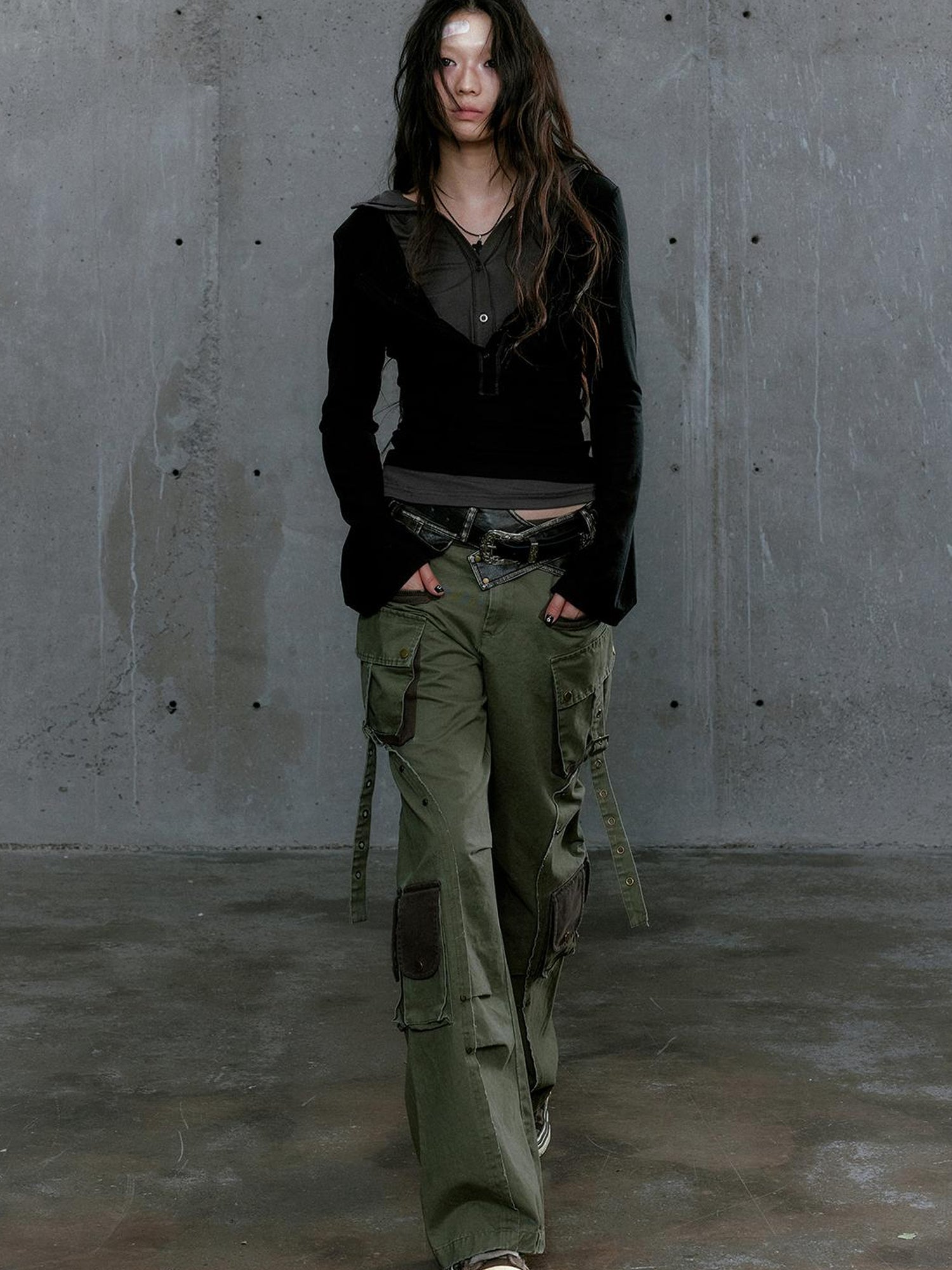 c Gray Green Contrast Pocket Cargo Pants Low Waist Military Style