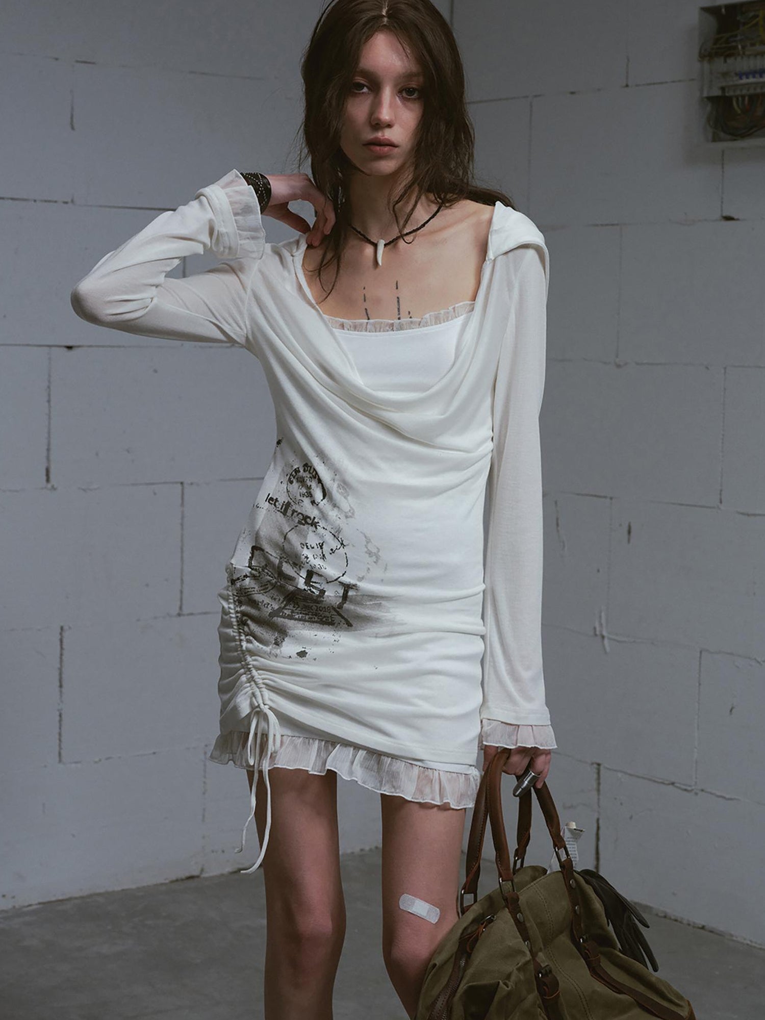 Update c Lace Up Hem Hooded Slip Dress With Punk Print