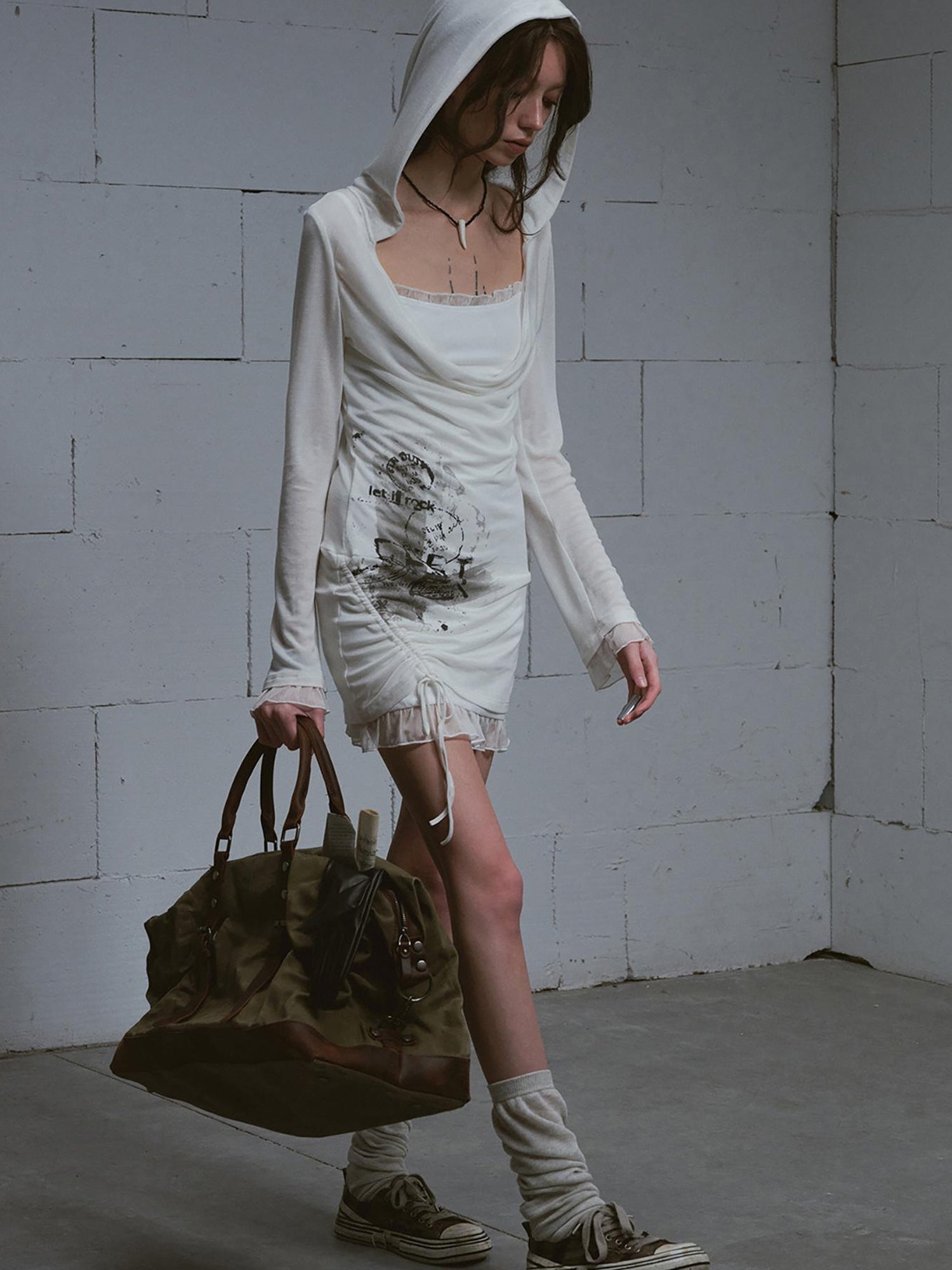 Update c Lace Up Hem Hooded Slip Dress With Punk Print