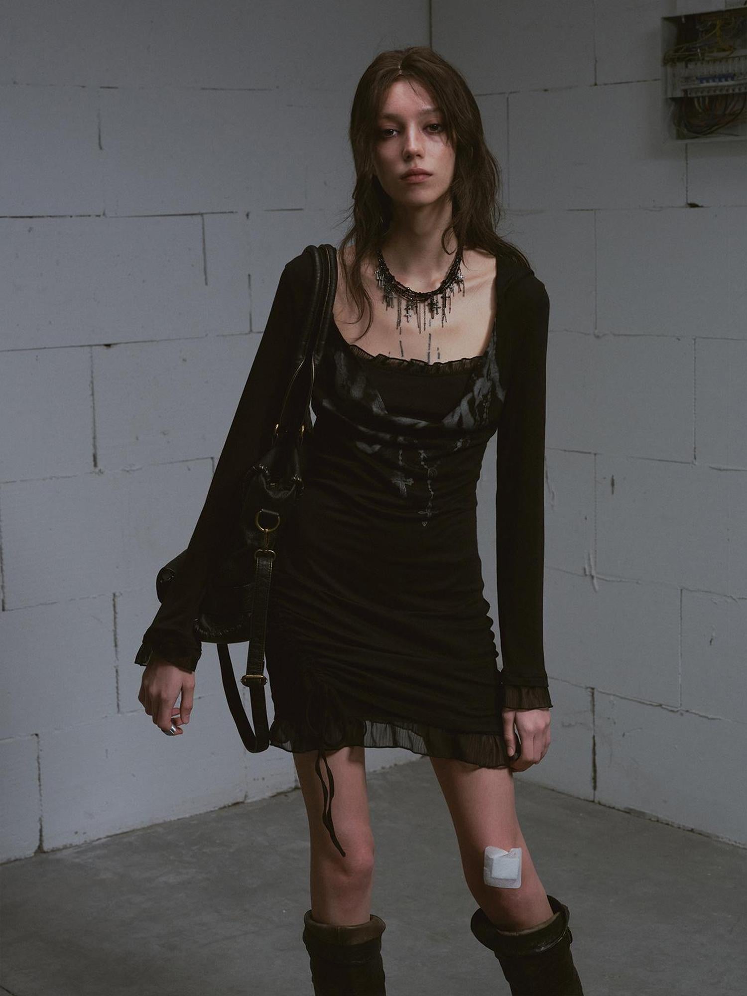 Update c Lace Up Hem Hooded Slip Dress With Punk Print