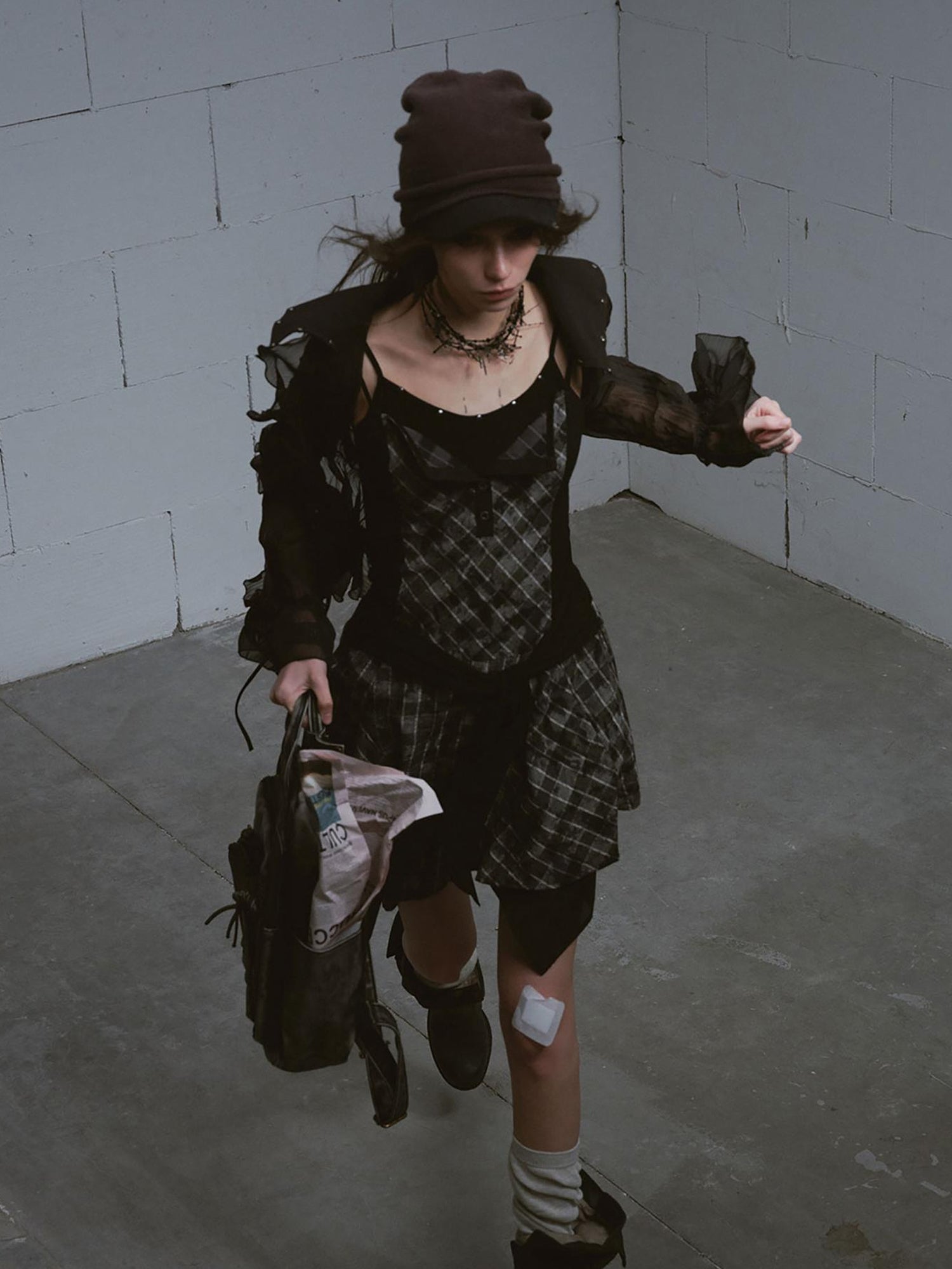 Update c Layered Black & Gray Checkered Waist Defining Slip Dress