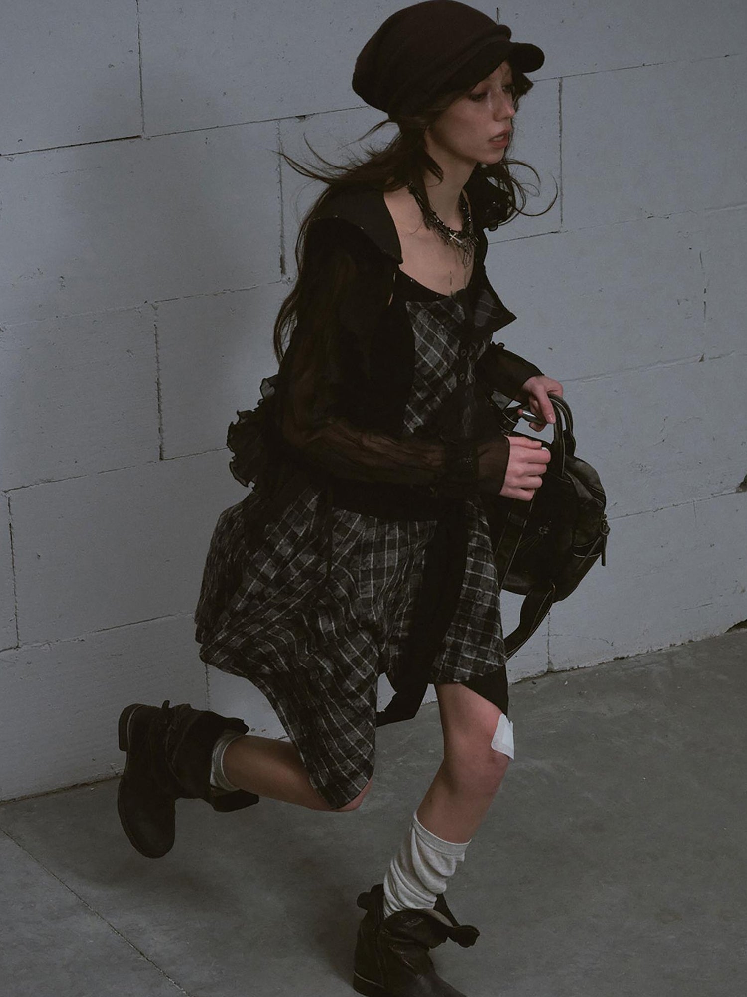 Update c Layered Black & Gray Checkered Waist Defining Slip Dress