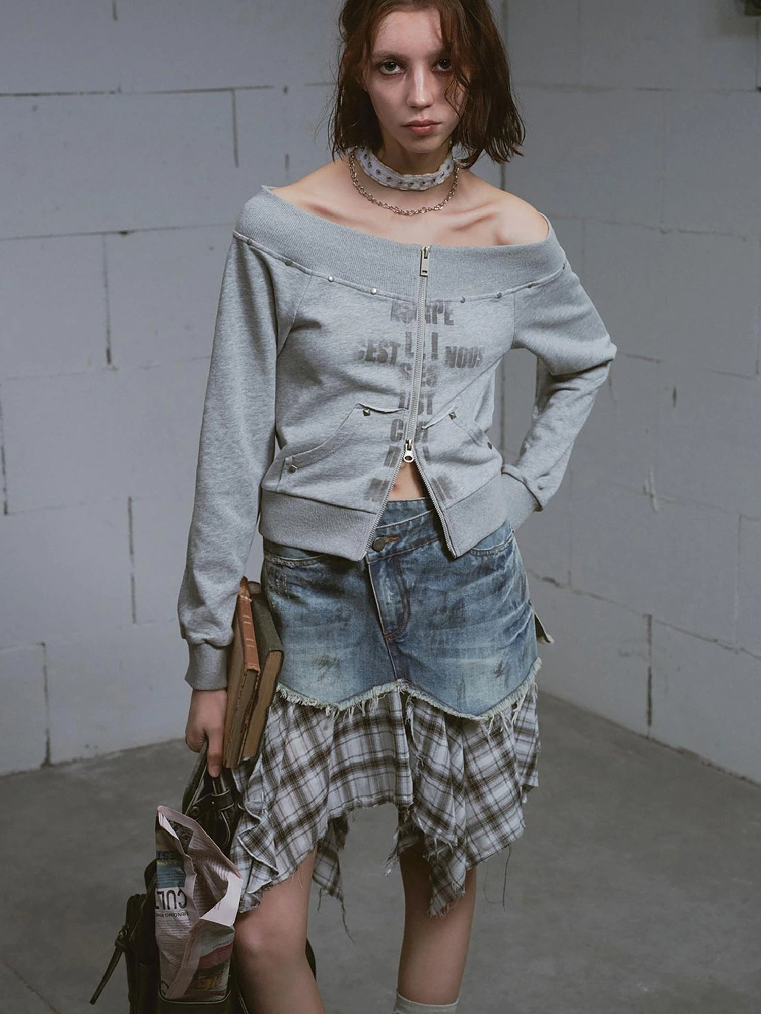 Lost Road Cut Out Print Shoulder Knit Sweatshirt