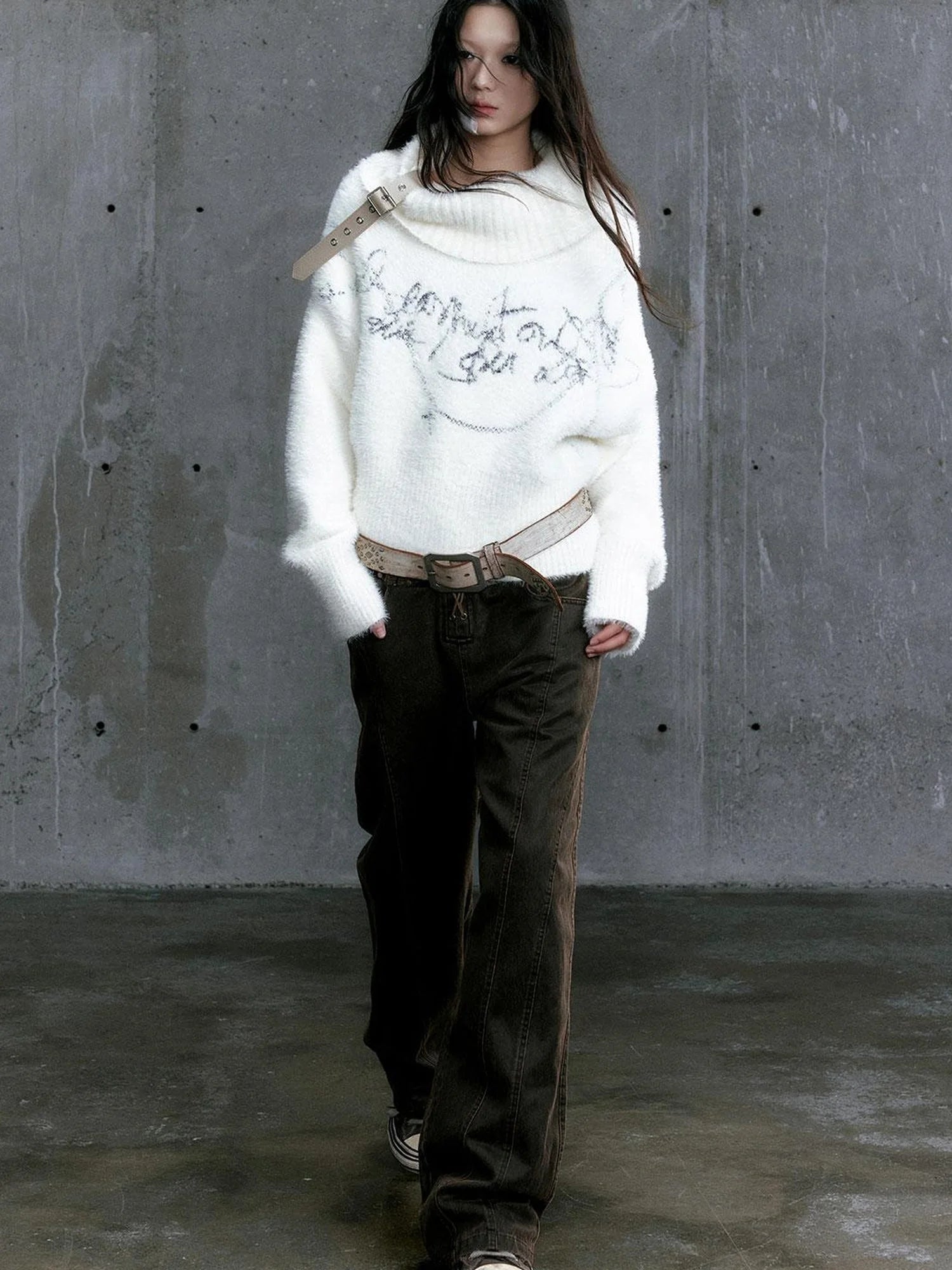 Low Waist Wide Leg Belted Patchwork Denim Pants