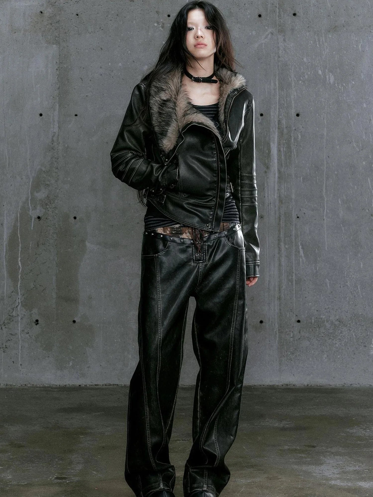 Low Waist Wide Leg Belted Patchwork Denim Pants