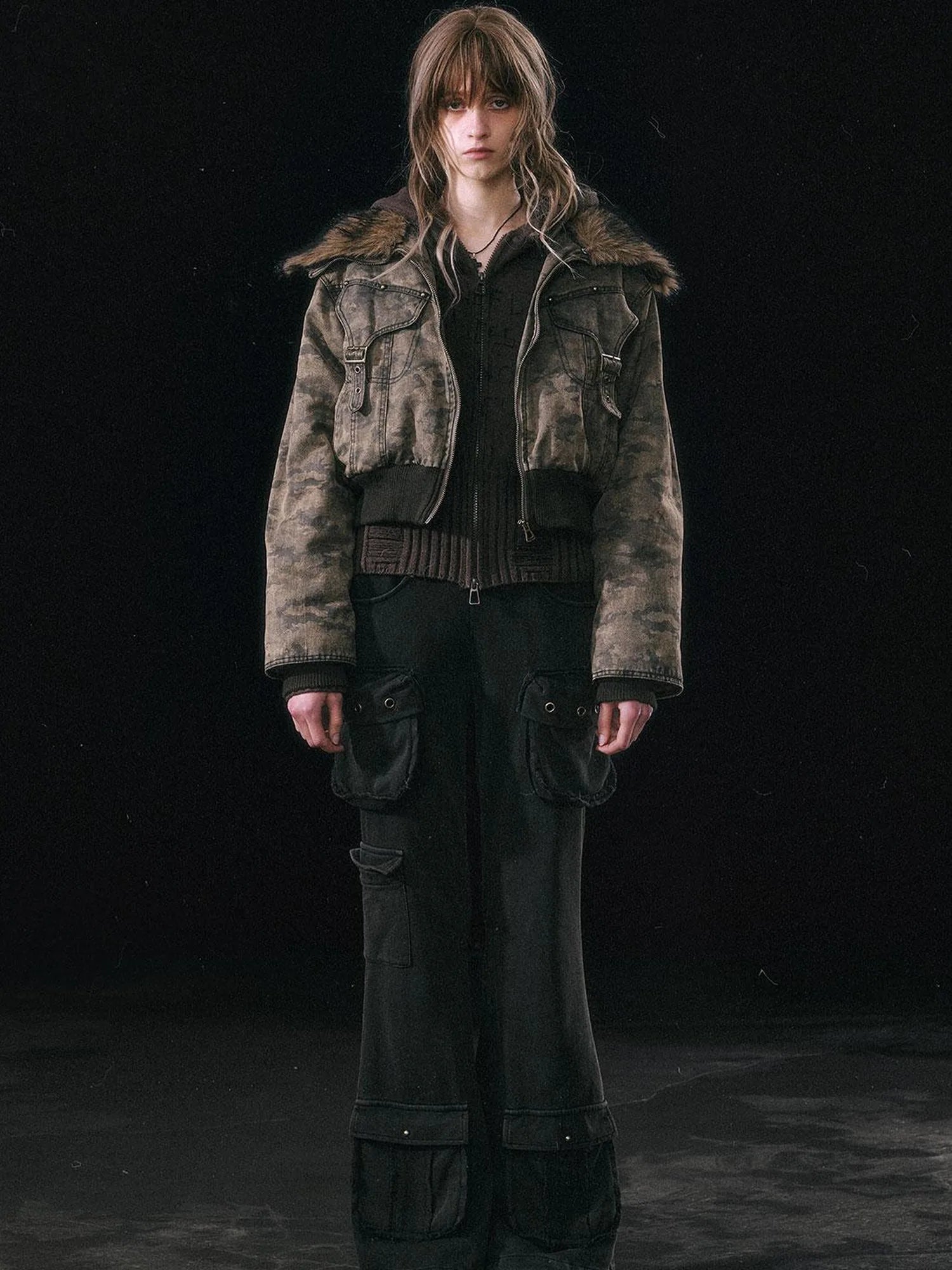 Military Knit Cargo Pants With Wide Waistband