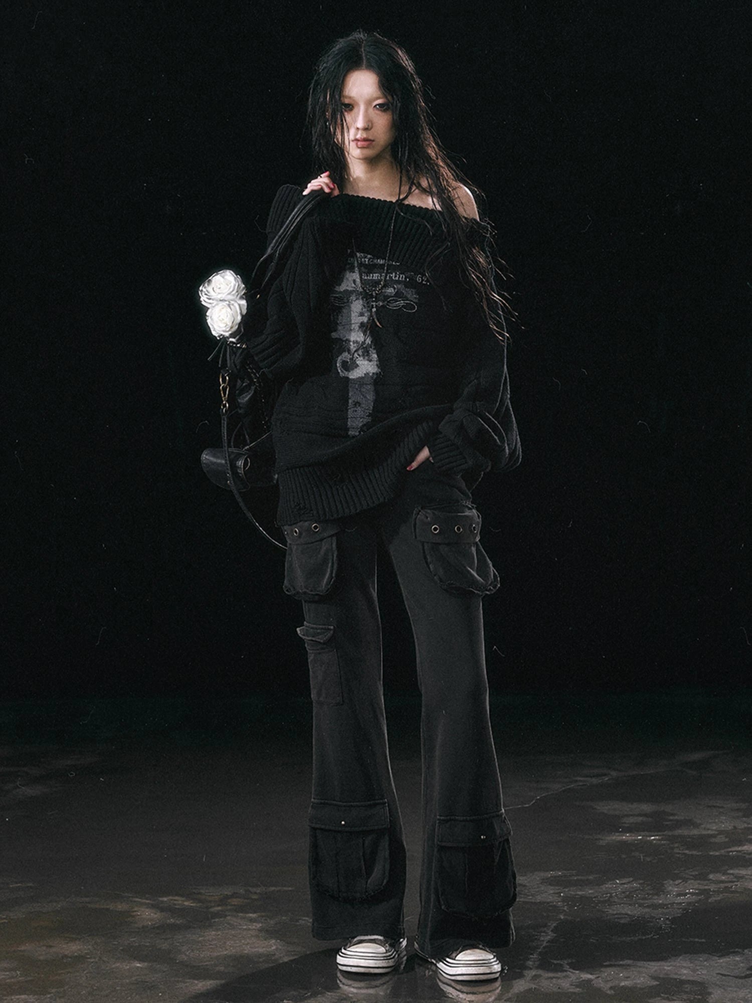 Military Knit Cargo Pants With Wide Waistband