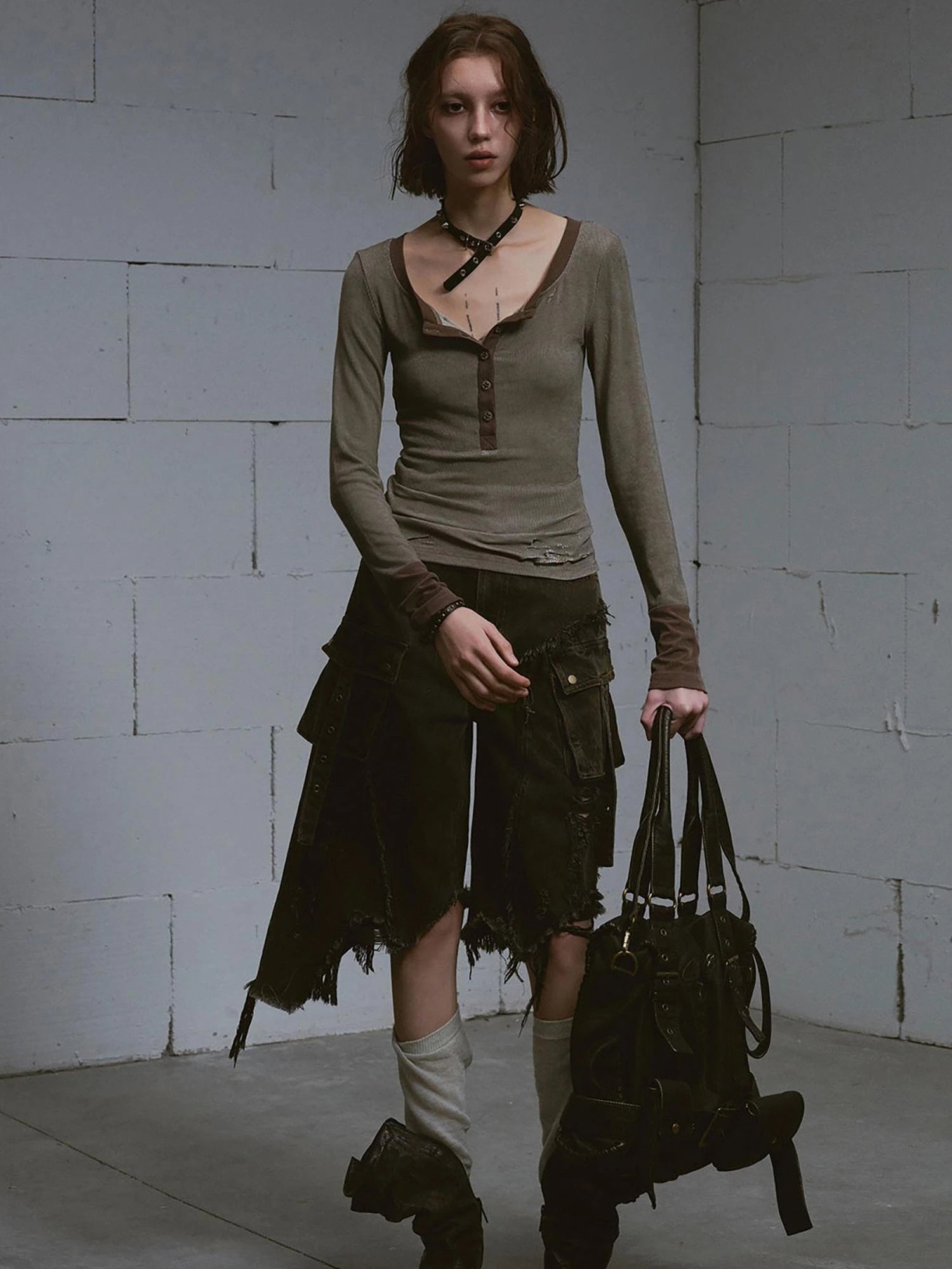 Mud Dyed Grunge Denim Cropped Shorts With Raw Hem Patchwork