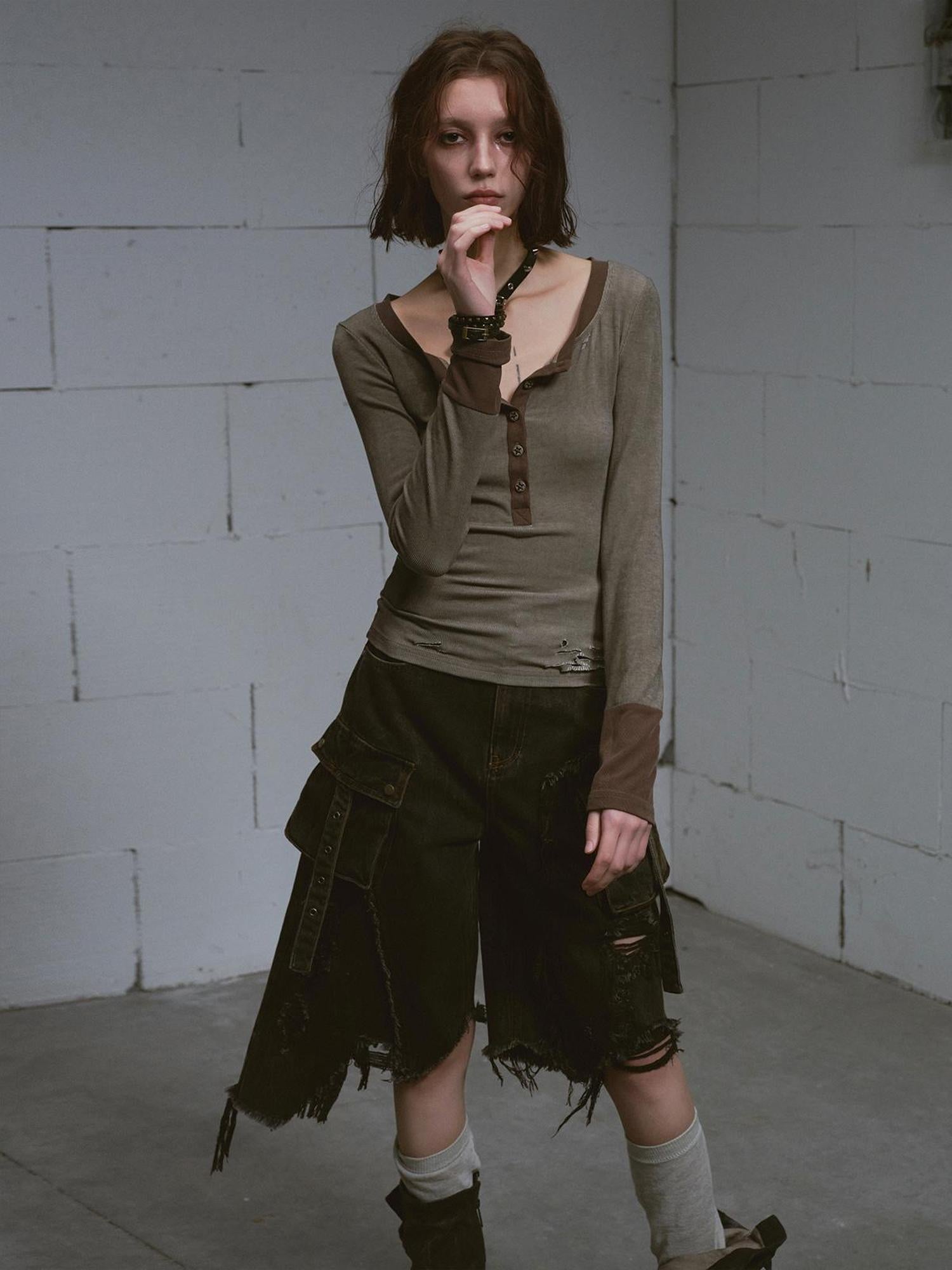 Update c Mud Dyed Grunge Denim Cropped Shorts With Raw Hem Patchwork