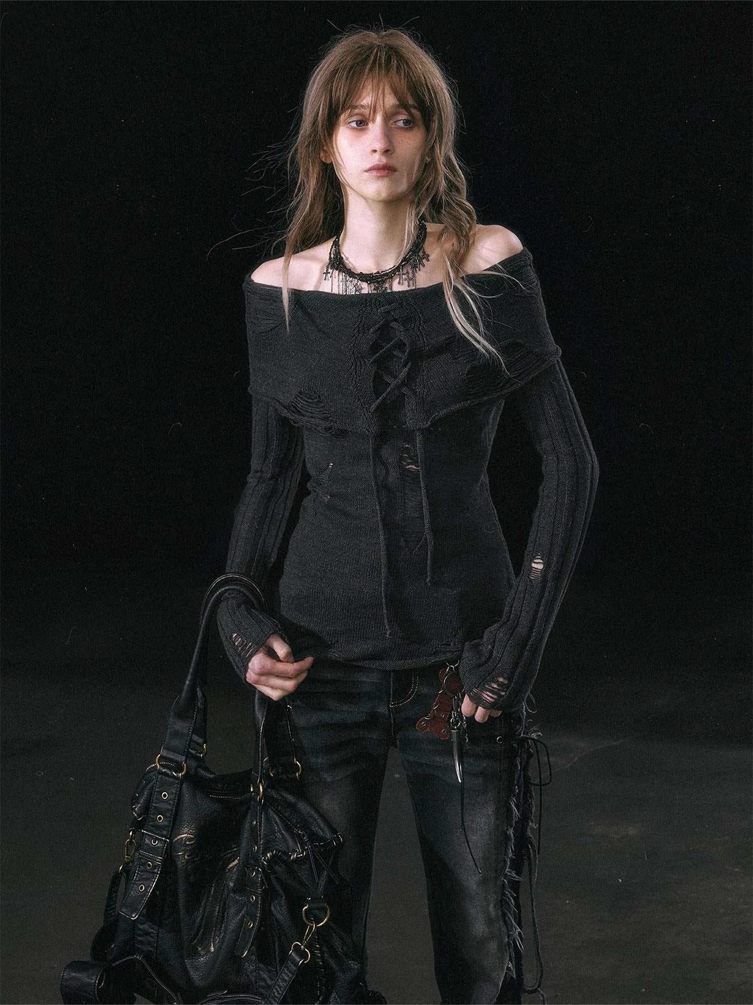 Smoke Rain Resistant Two Tone Distressed Turtleneck Sweater