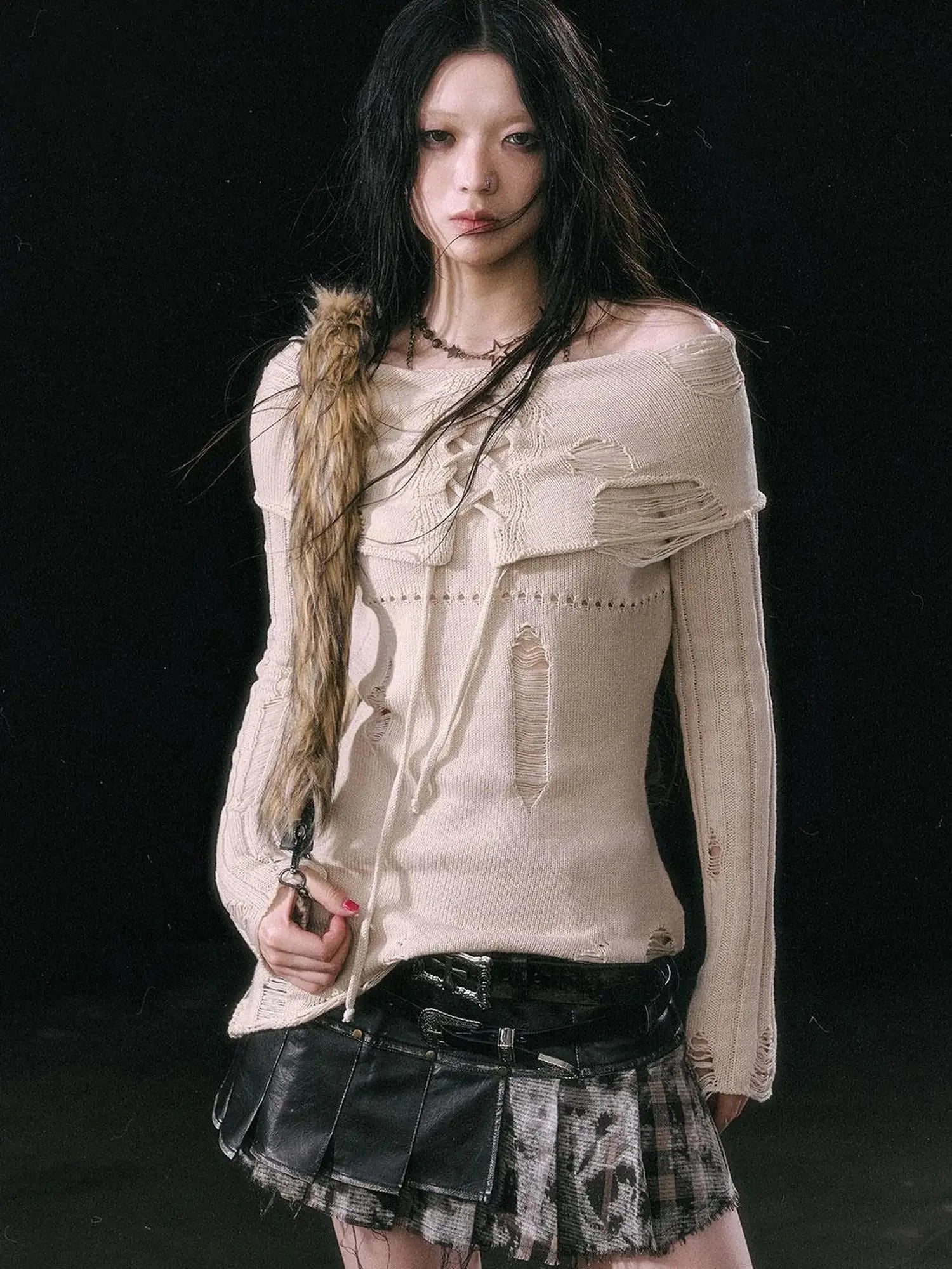 Smoke Rain Resistant Two Tone Distressed Turtleneck Sweater