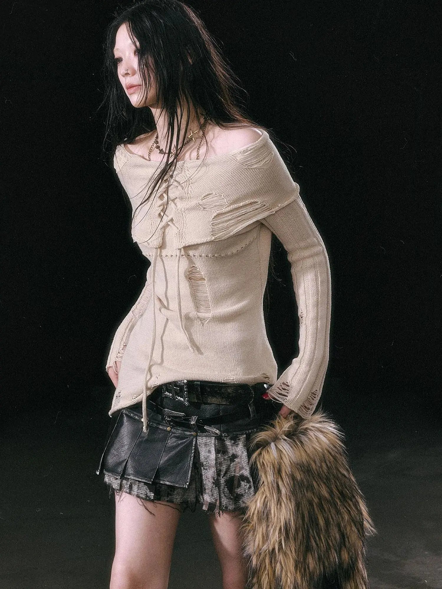 Smoke Rain Resistant Two Tone Distressed Turtleneck Sweater