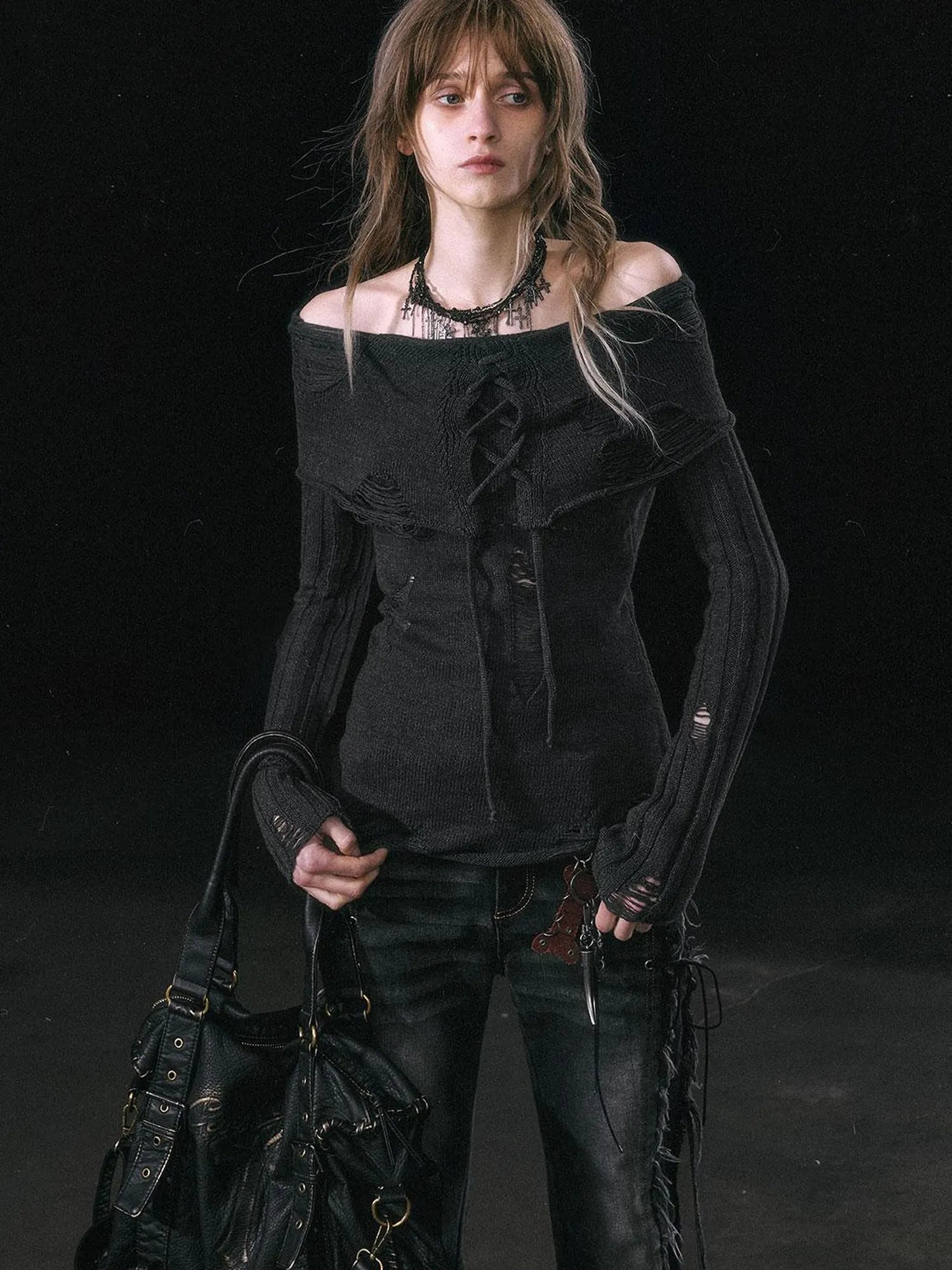 Smoke Rain Resistant Two Tone Distressed Turtleneck Sweater