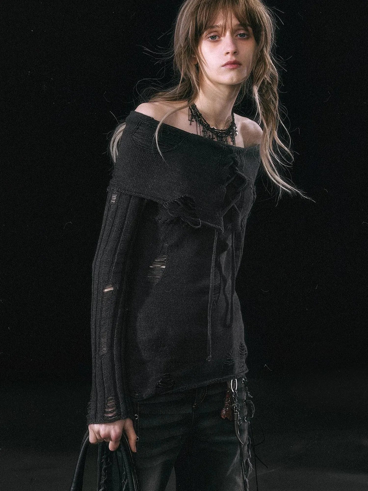 Smoke Rain Resistant Two Tone Distressed Turtleneck Sweater