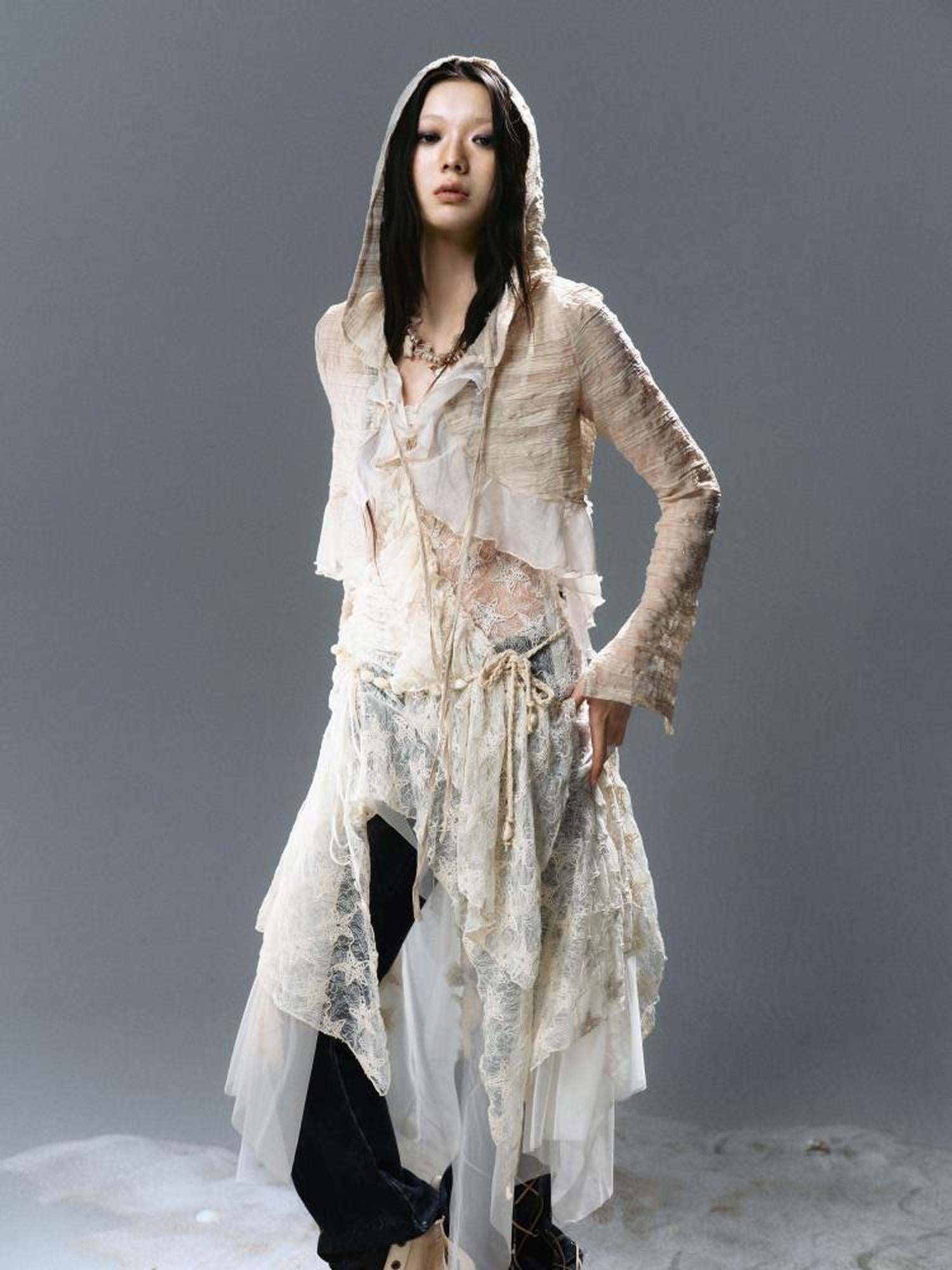 Update c Textured Crinkle Chiffon Hooded Cape