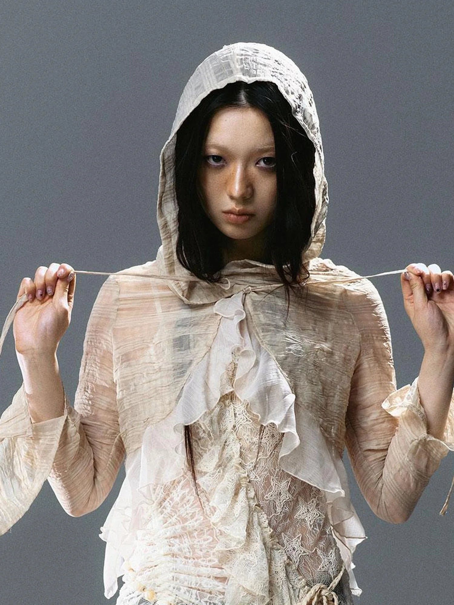 Textured Crinkle Chiffon Hooded Cape