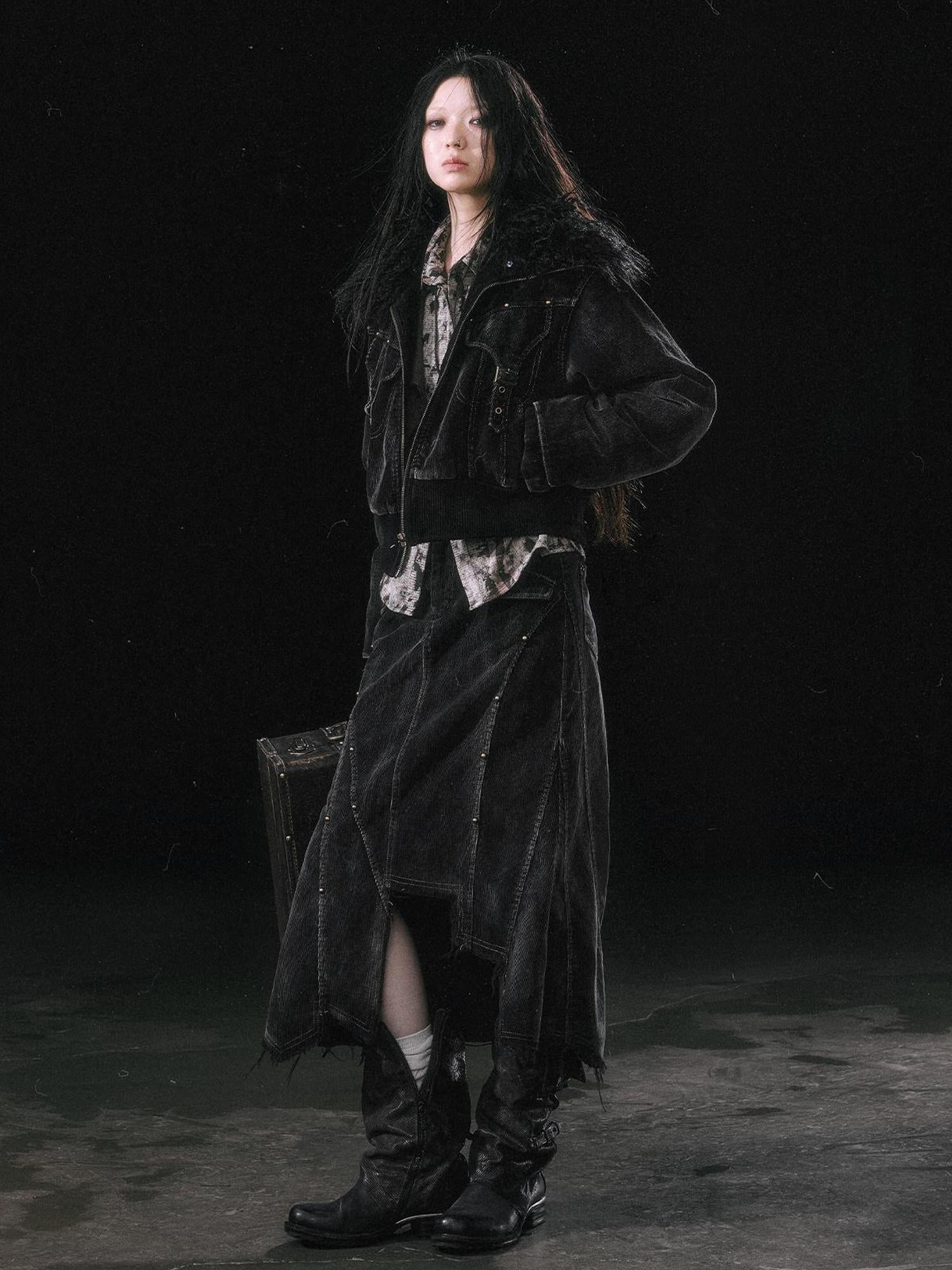 Update c Vintage Black Corduroy Bomber Jacket With Detachable Fur Collar