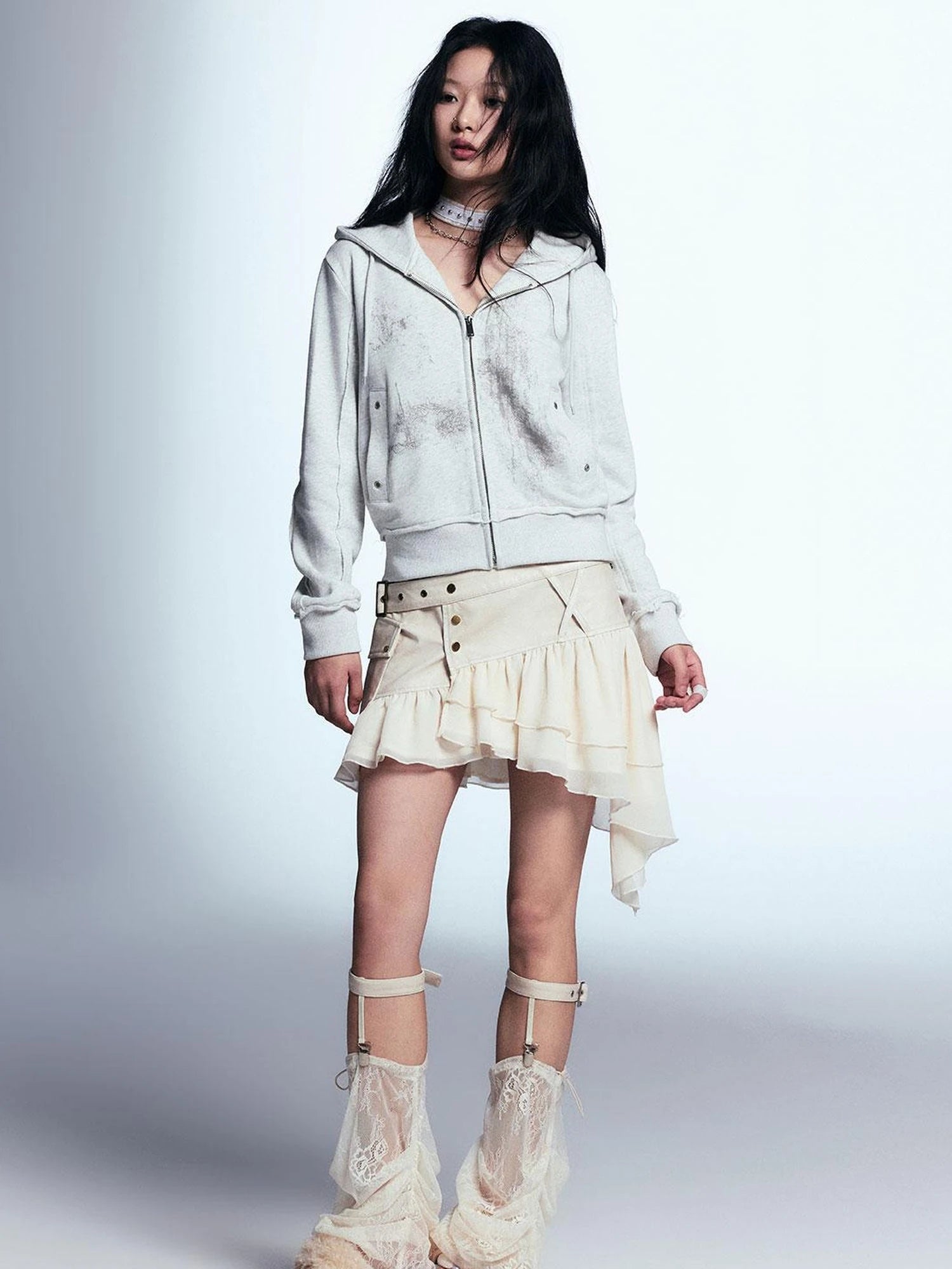 Vintage Distressed Leather Asymmetrical Tulle Skirt