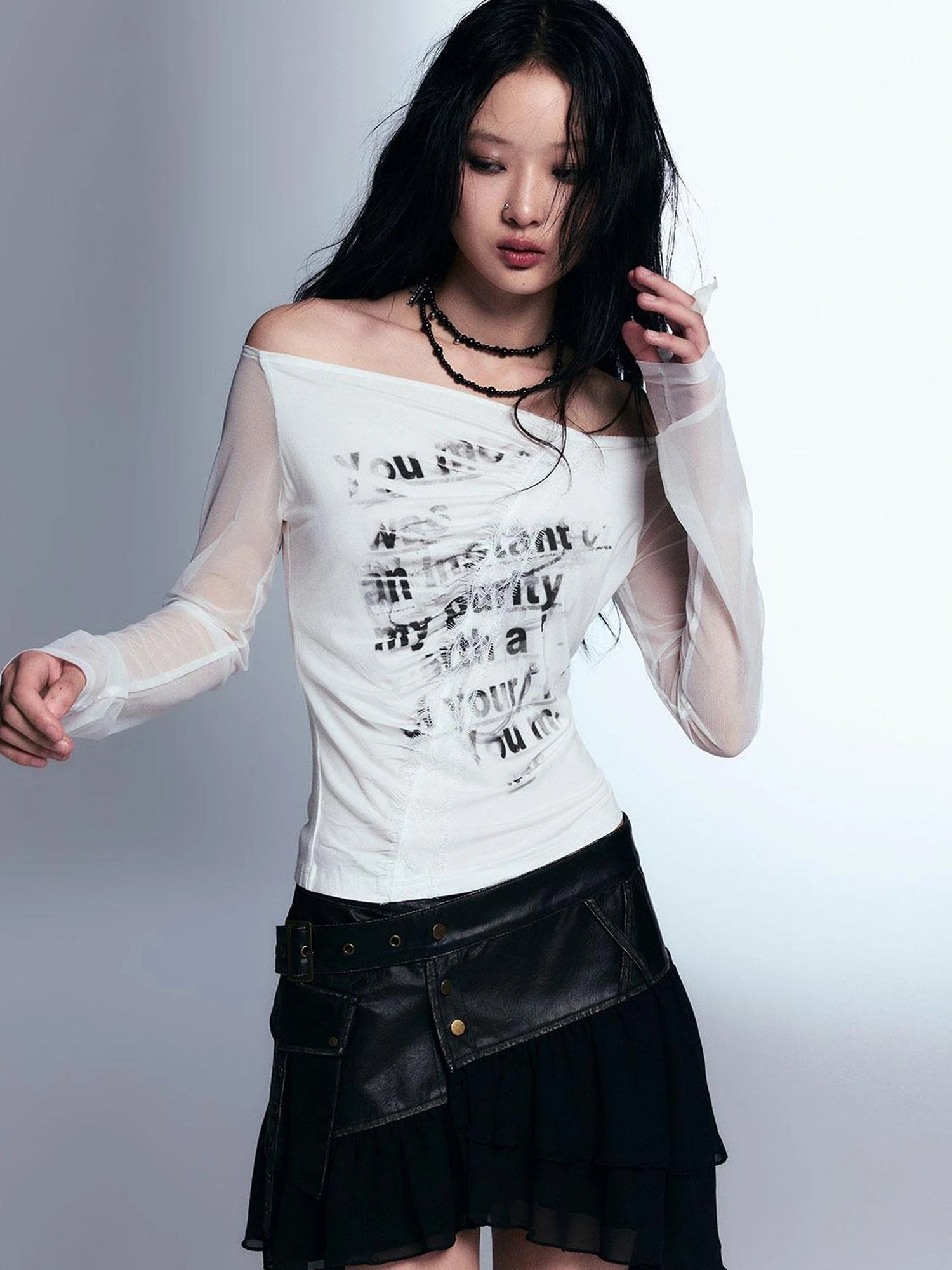 Vintage Distressed Leather Asymmetrical Tulle Skirt