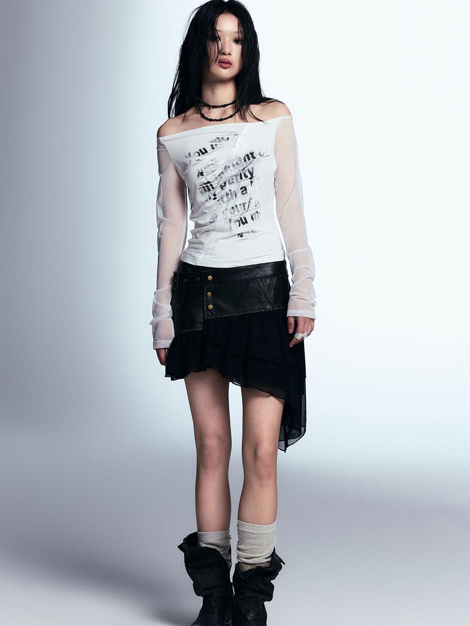 c Vintage Distressed Leather Asymmetrical Tulle Skirt