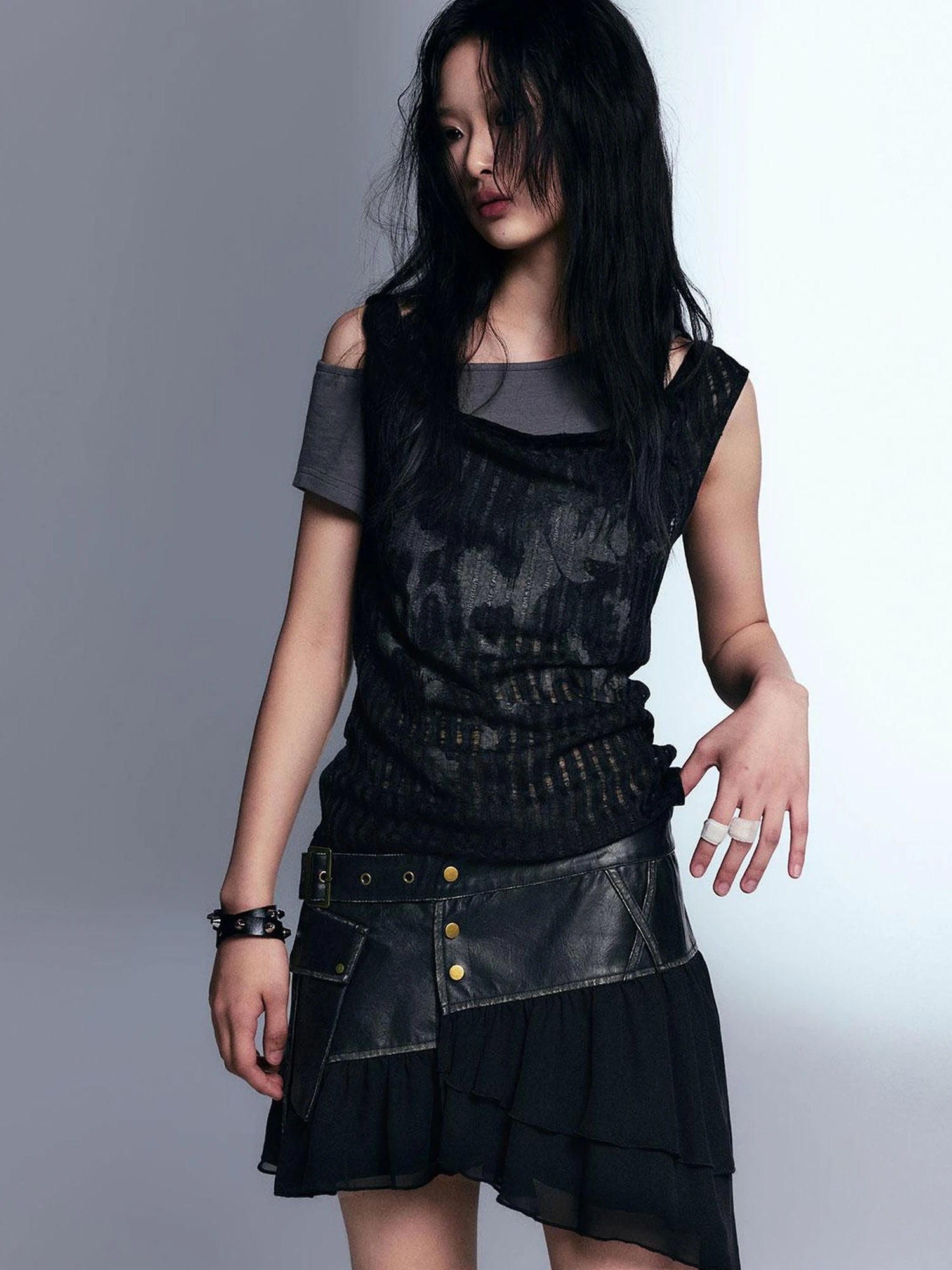 Vintage Distressed Leather Asymmetrical Tulle Skirt