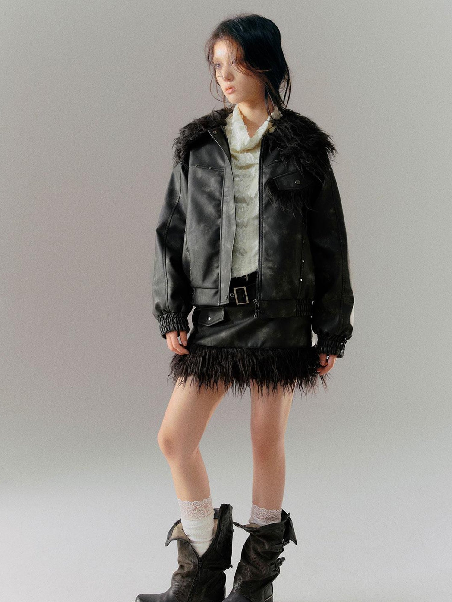 c Vintage Punk Leather Patchwork Dyed Skirt