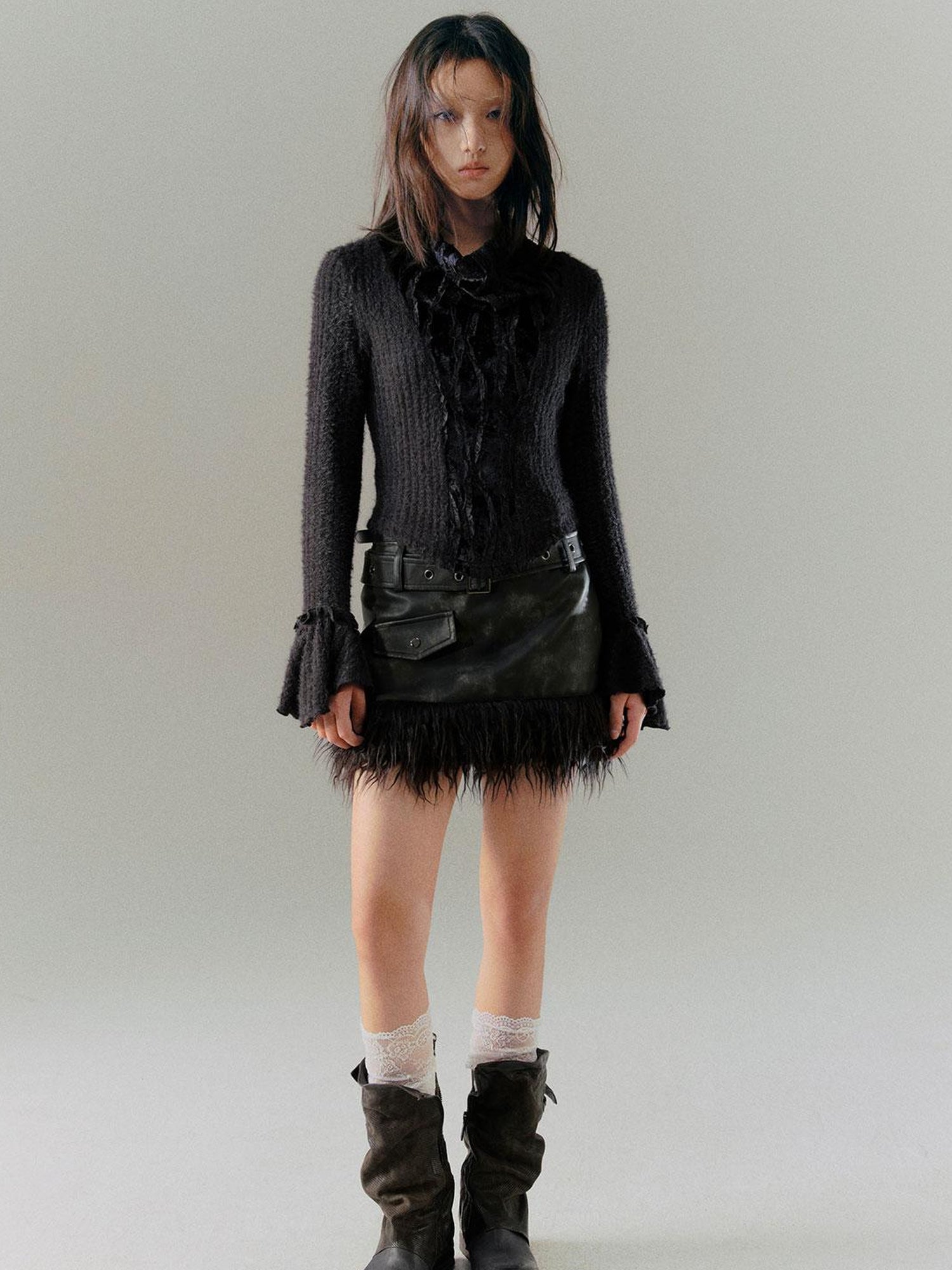 c Vintage Punk Leather Patchwork Dyed Skirt