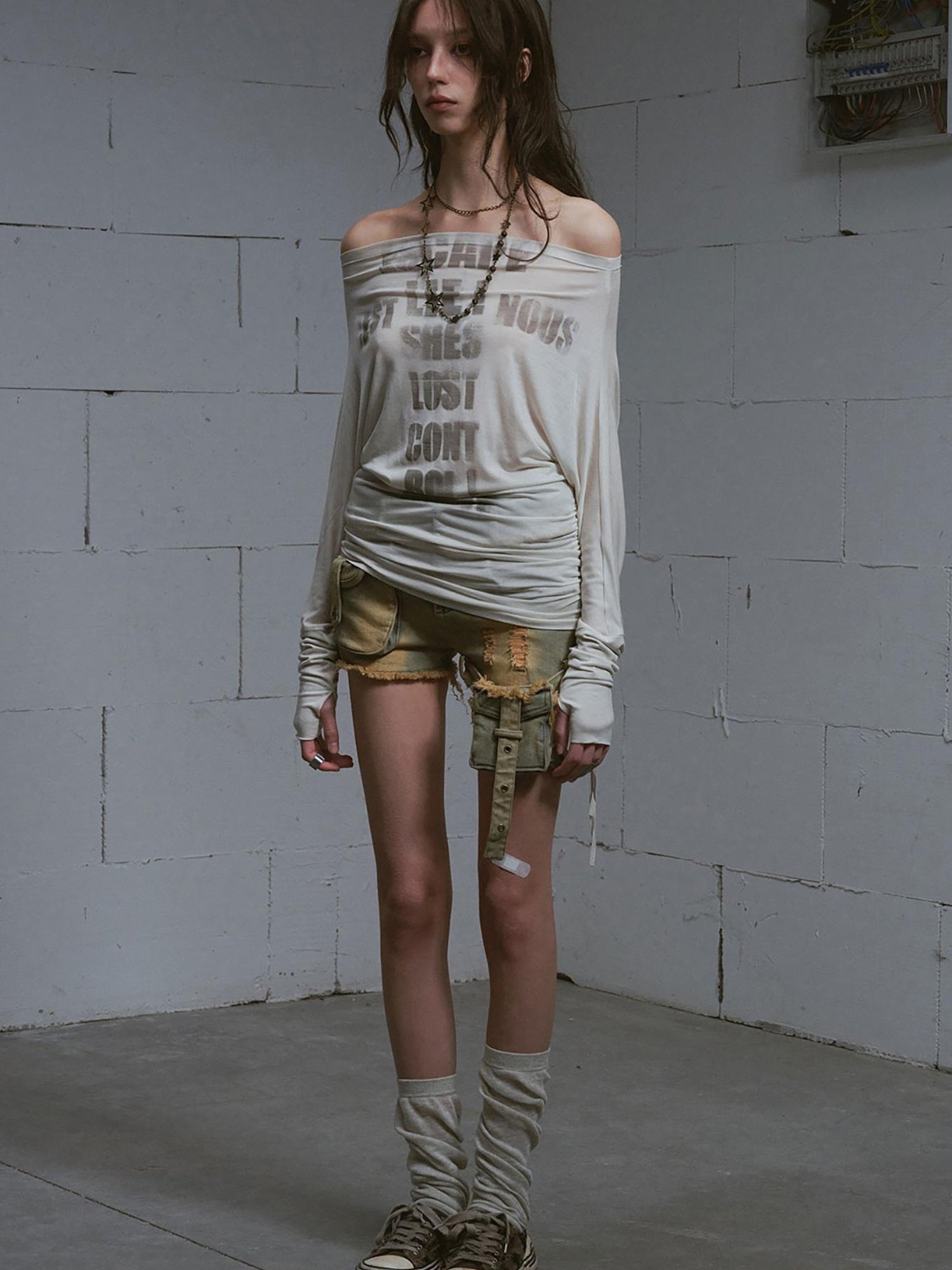 Update c Vintage Washed Blue Green Raw Edge Tie Shorts