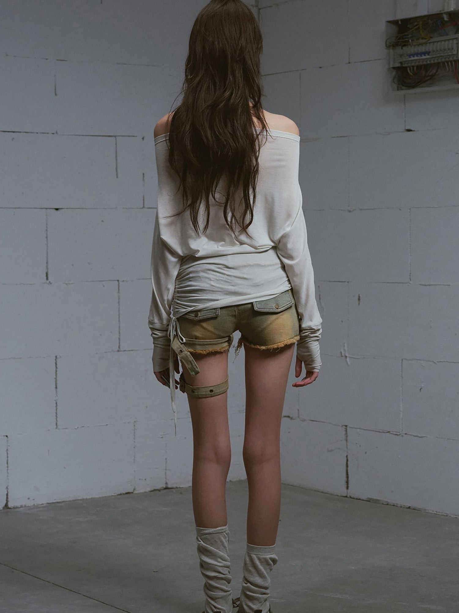 Update c Vintage Washed Blue Green Raw Edge Tie Shorts