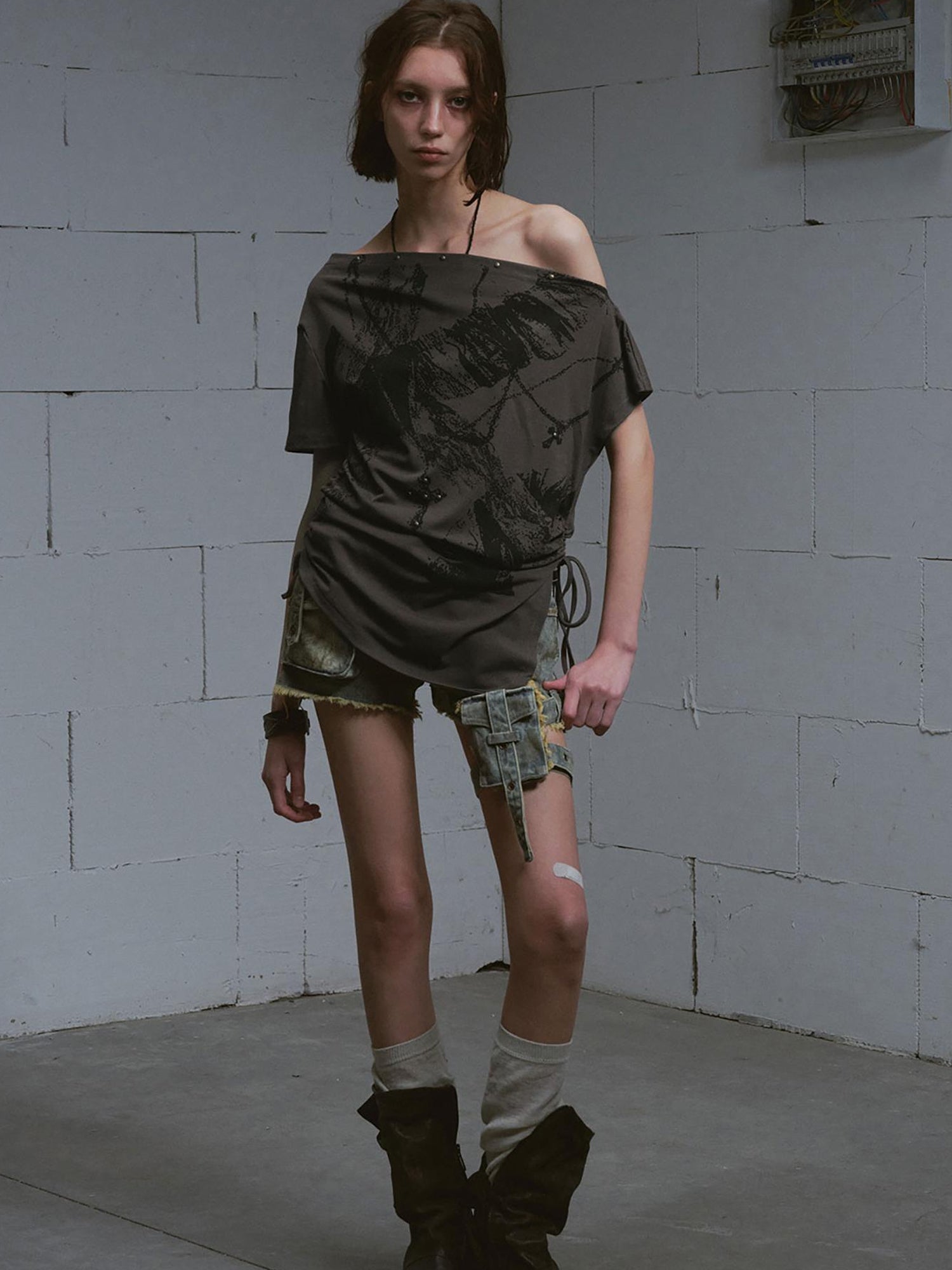 Update c Vintage Washed Blue Green Raw Edge Tie Shorts