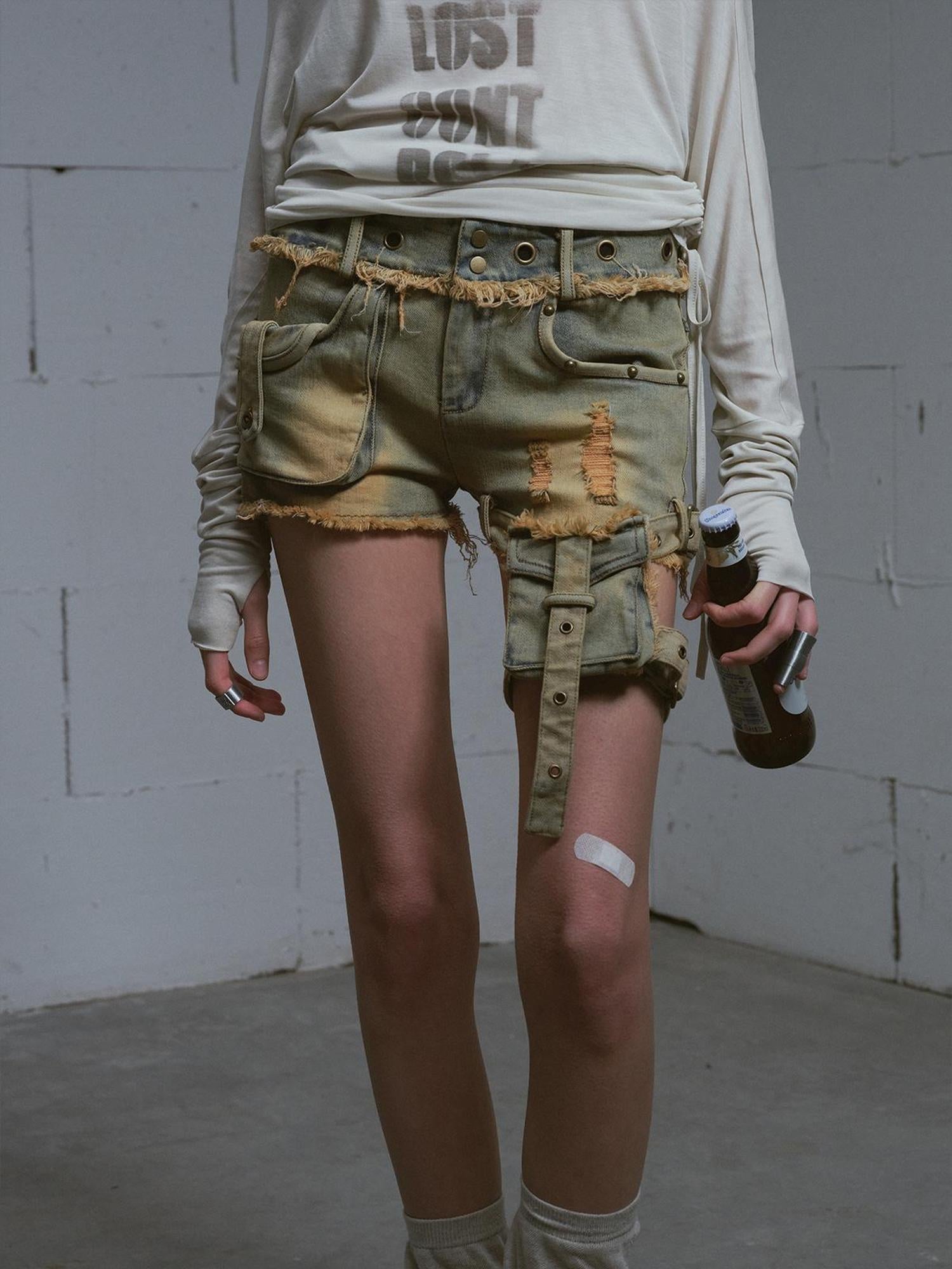 Update c Vintage Washed Blue Green Raw Edge Tie Shorts