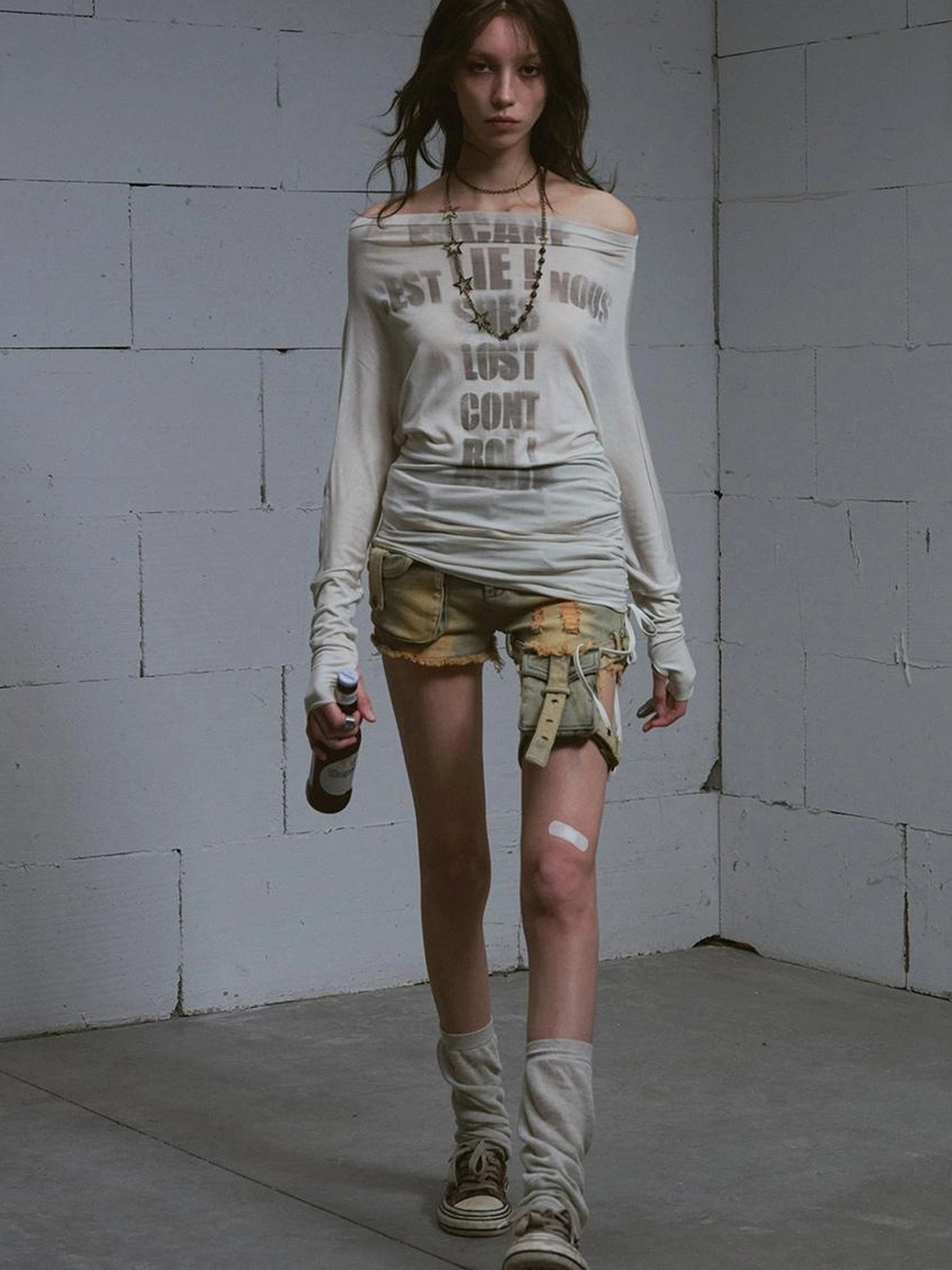 Vintage Washed Blue Green Raw Edge Tie Shorts