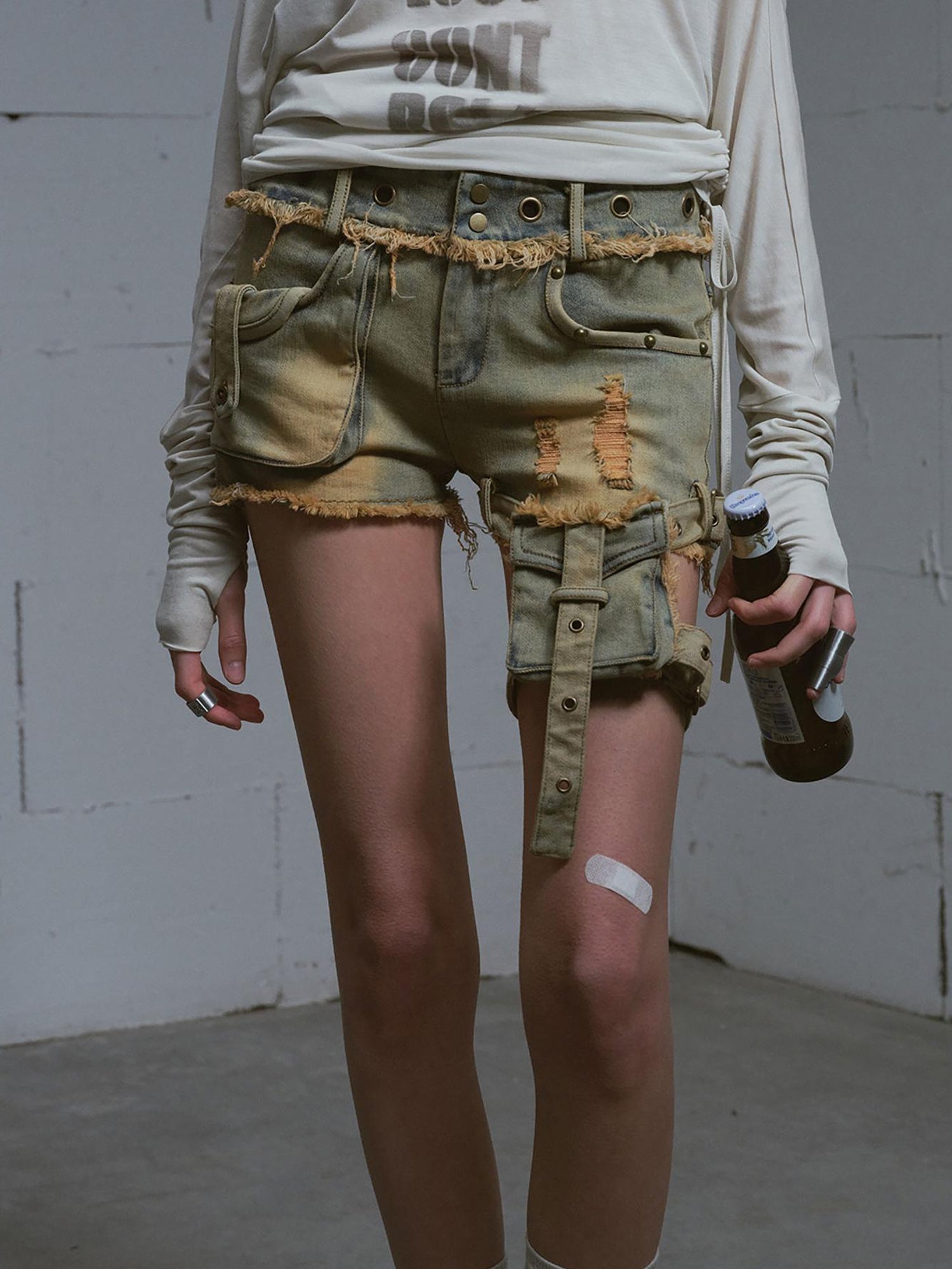 Update c Vintage Washed Blue Green Raw Edge Tie Shorts
