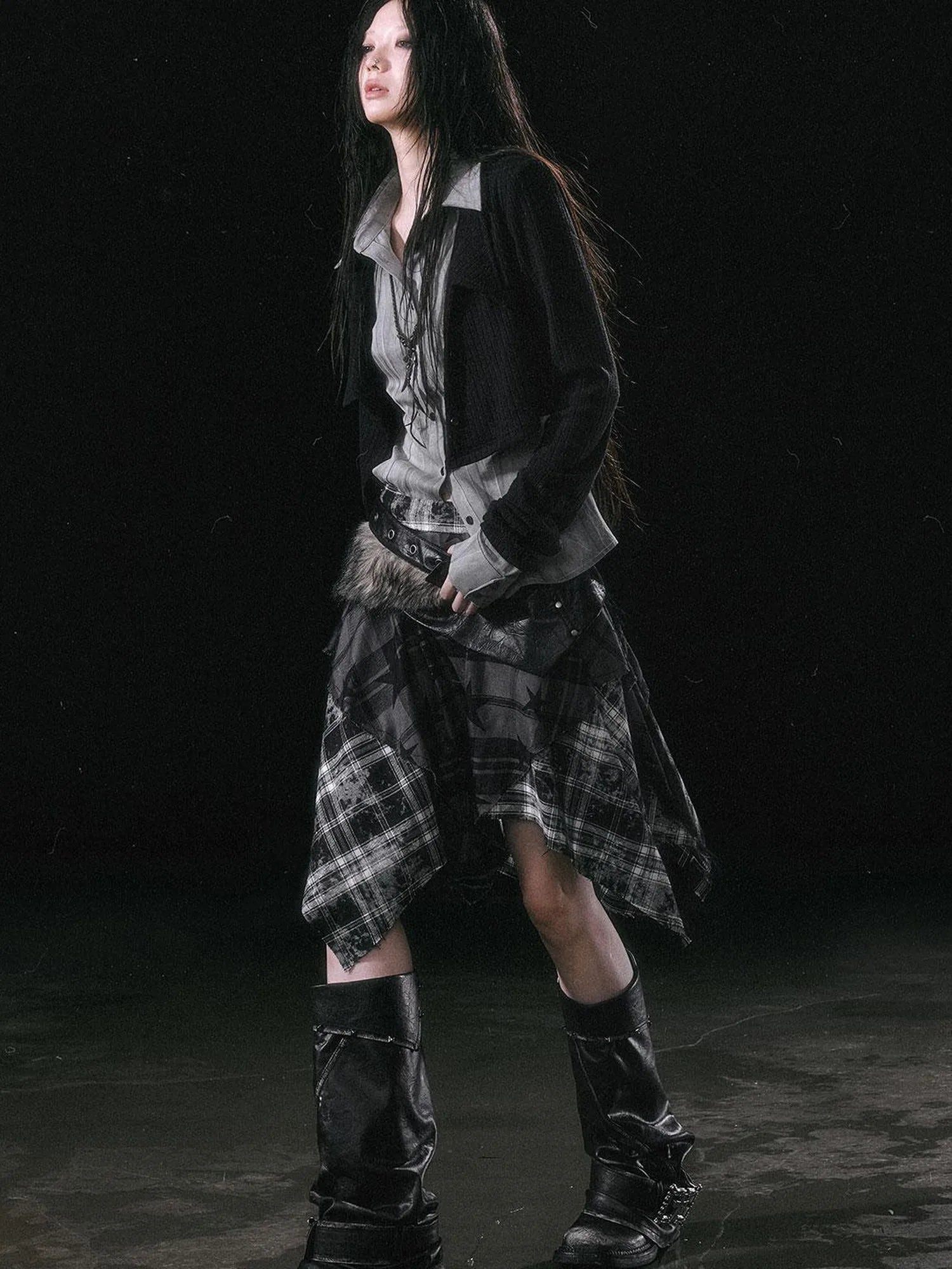 Yanyu Escape Star Frayed Grid Asymmetrical Skirt