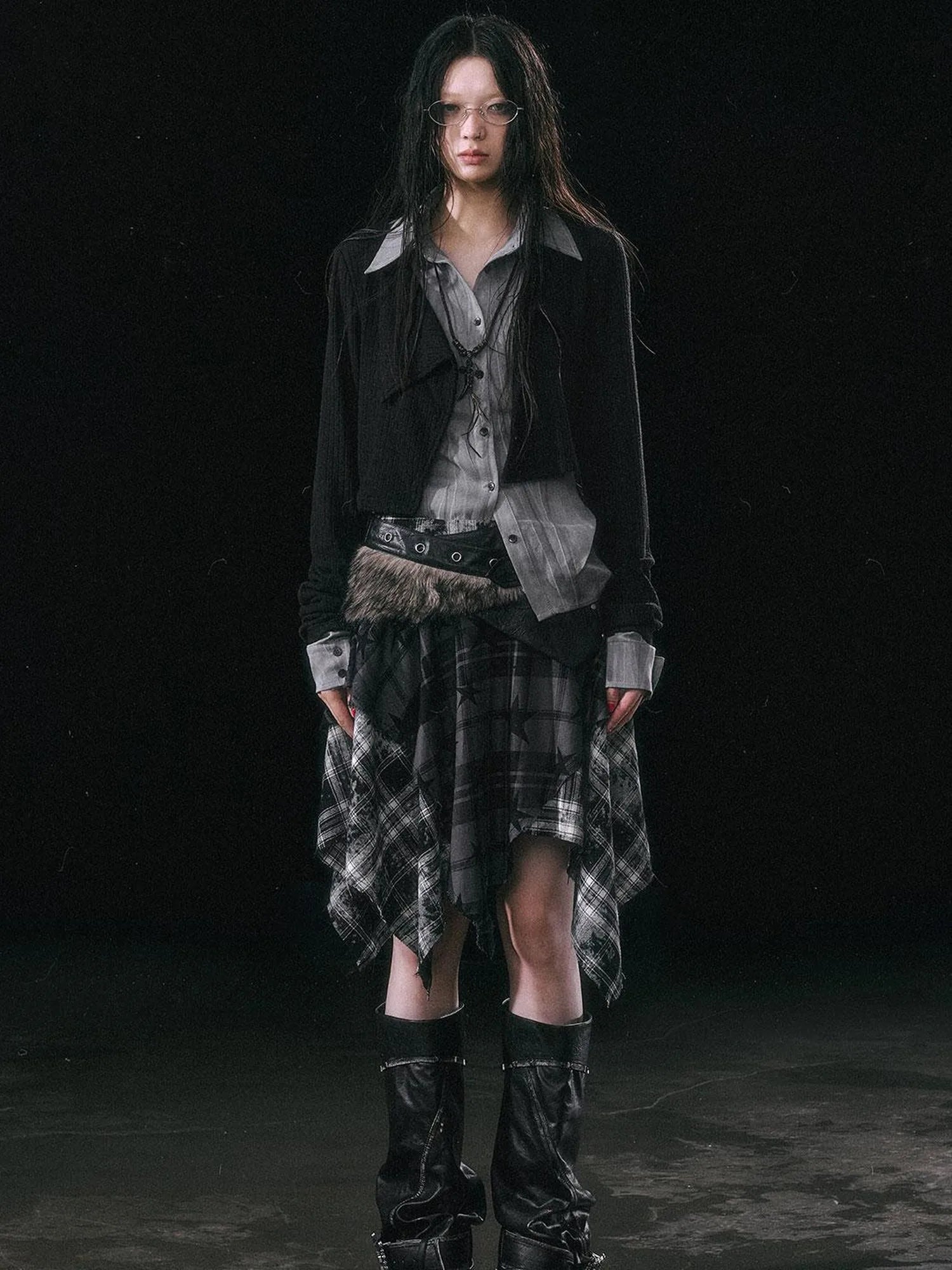 Yanyu Escape Star Frayed Grid Asymmetrical Skirt