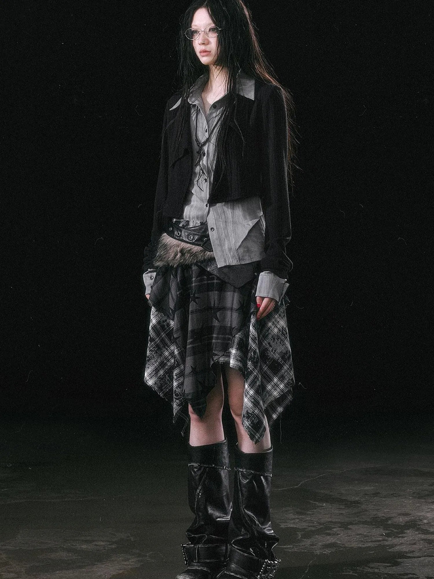Yanyu Escape Star Frayed Grid Asymmetrical Skirt