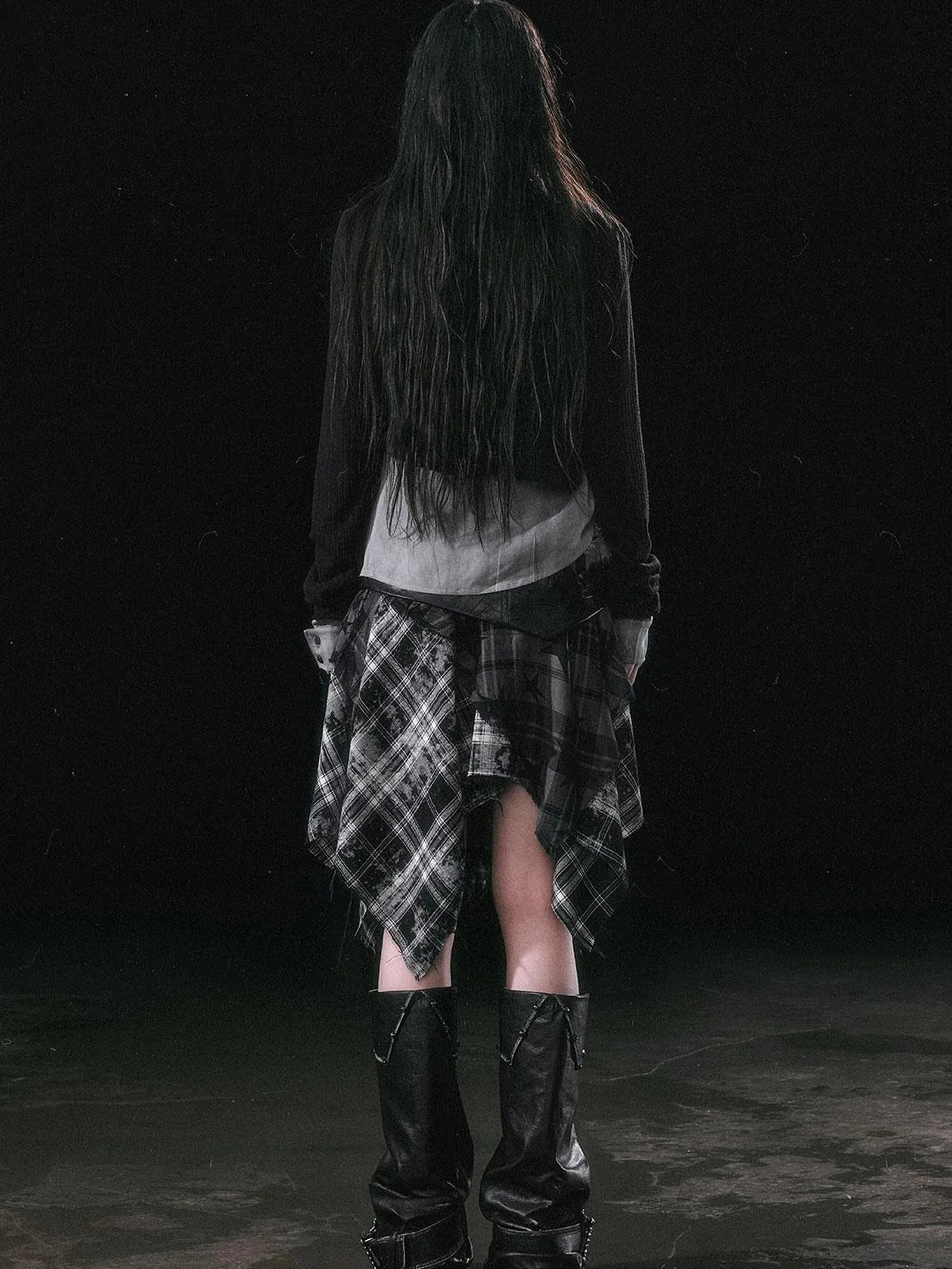 Yanyu Escape Star Frayed Grid Asymmetrical Skirt
