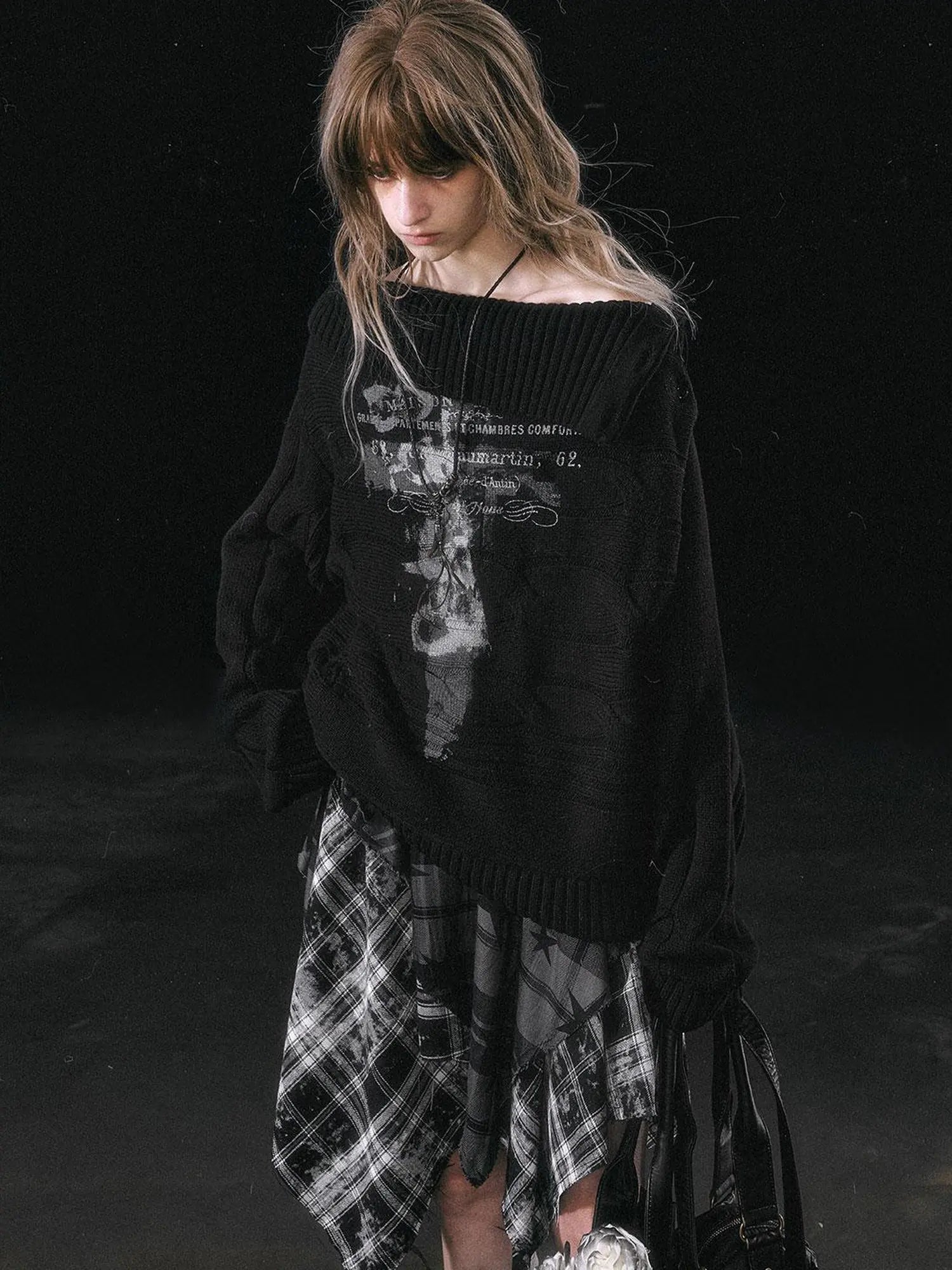 Yanyu Escape Star Frayed Grid Asymmetrical Skirt