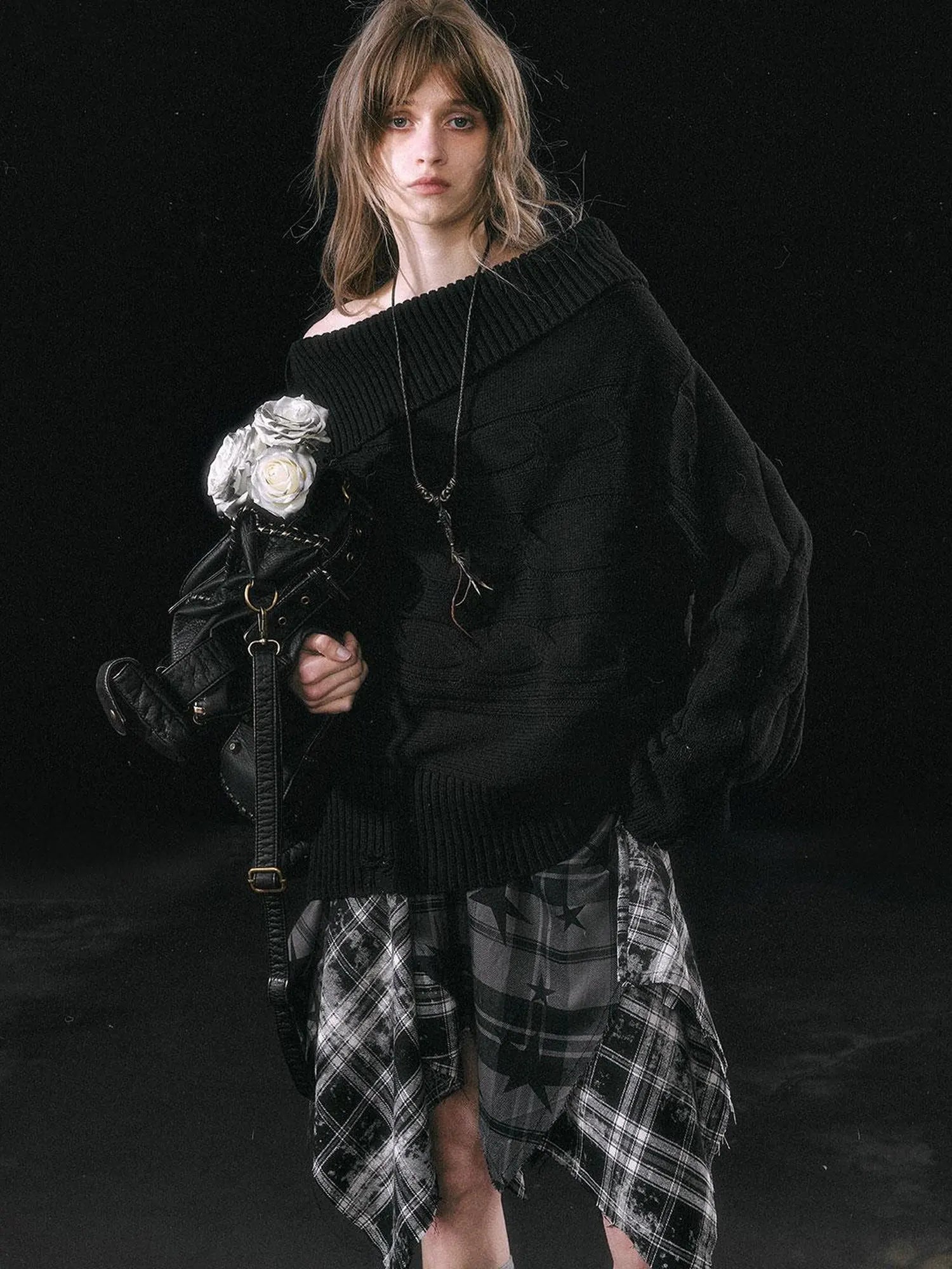 Yanyu Escape Star Frayed Grid Asymmetrical Skirt