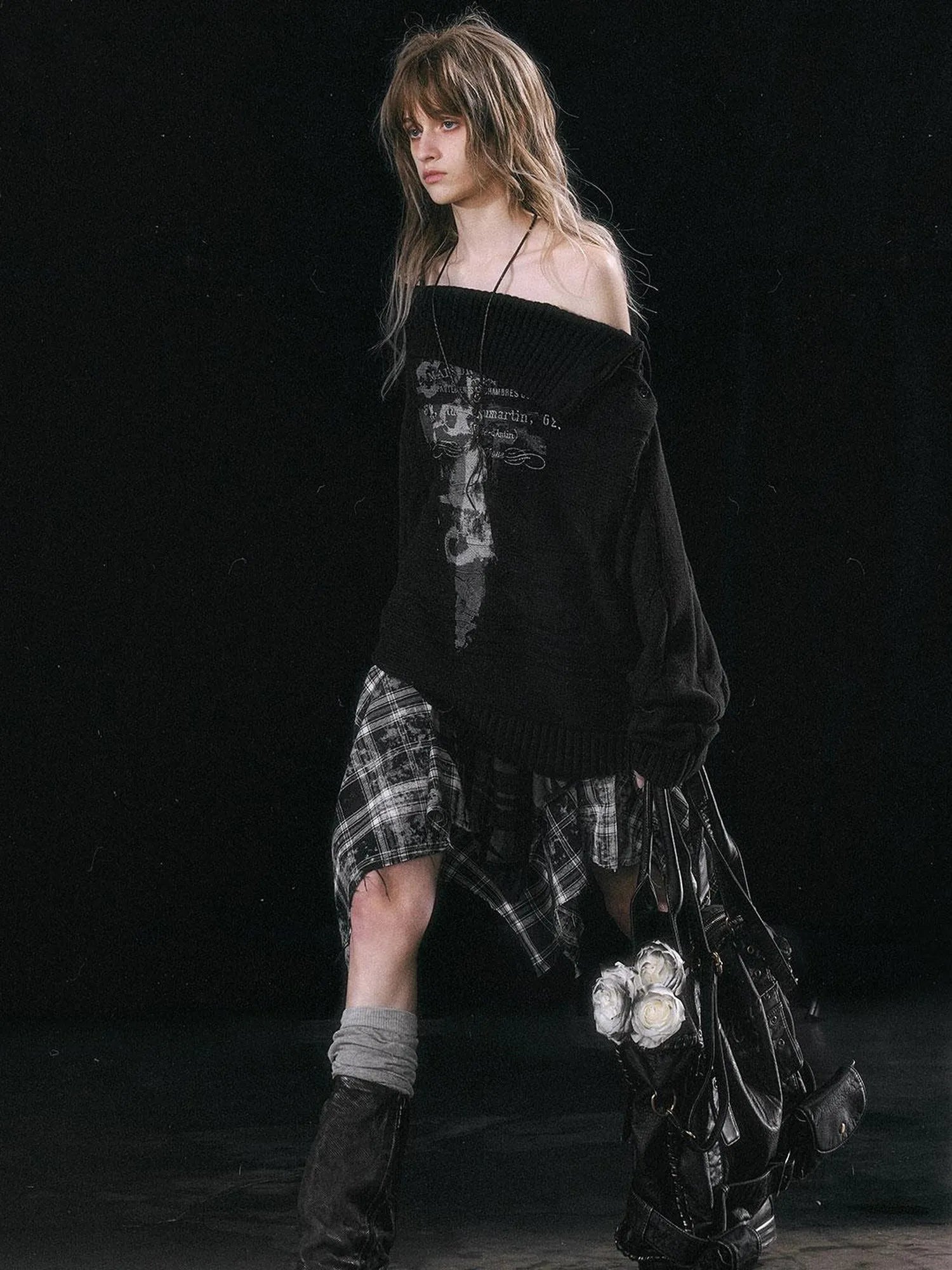 Yanyu Escape Star Frayed Grid Asymmetrical Skirt