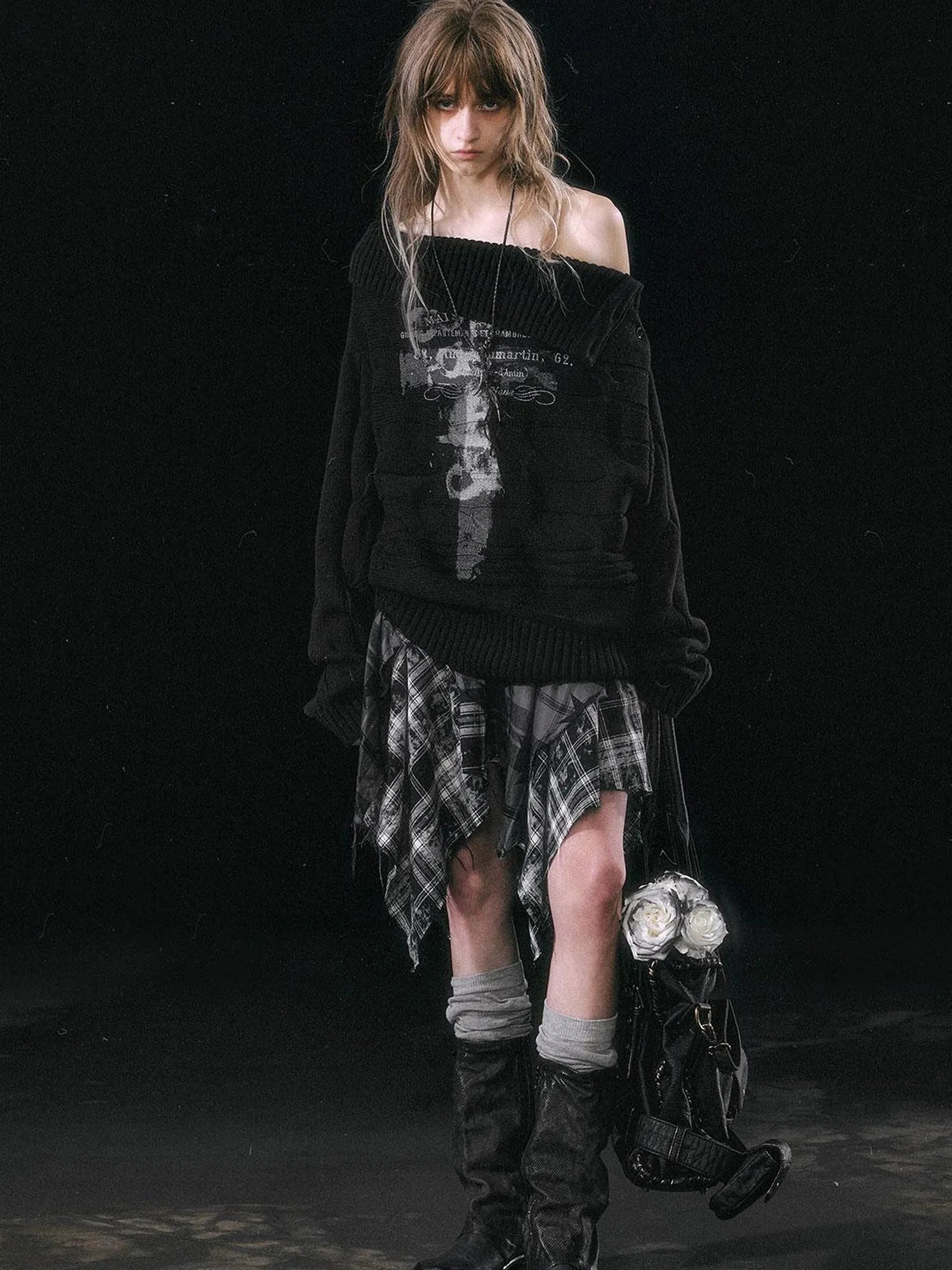 Yanyu Escape Star Frayed Grid Asymmetrical Skirt