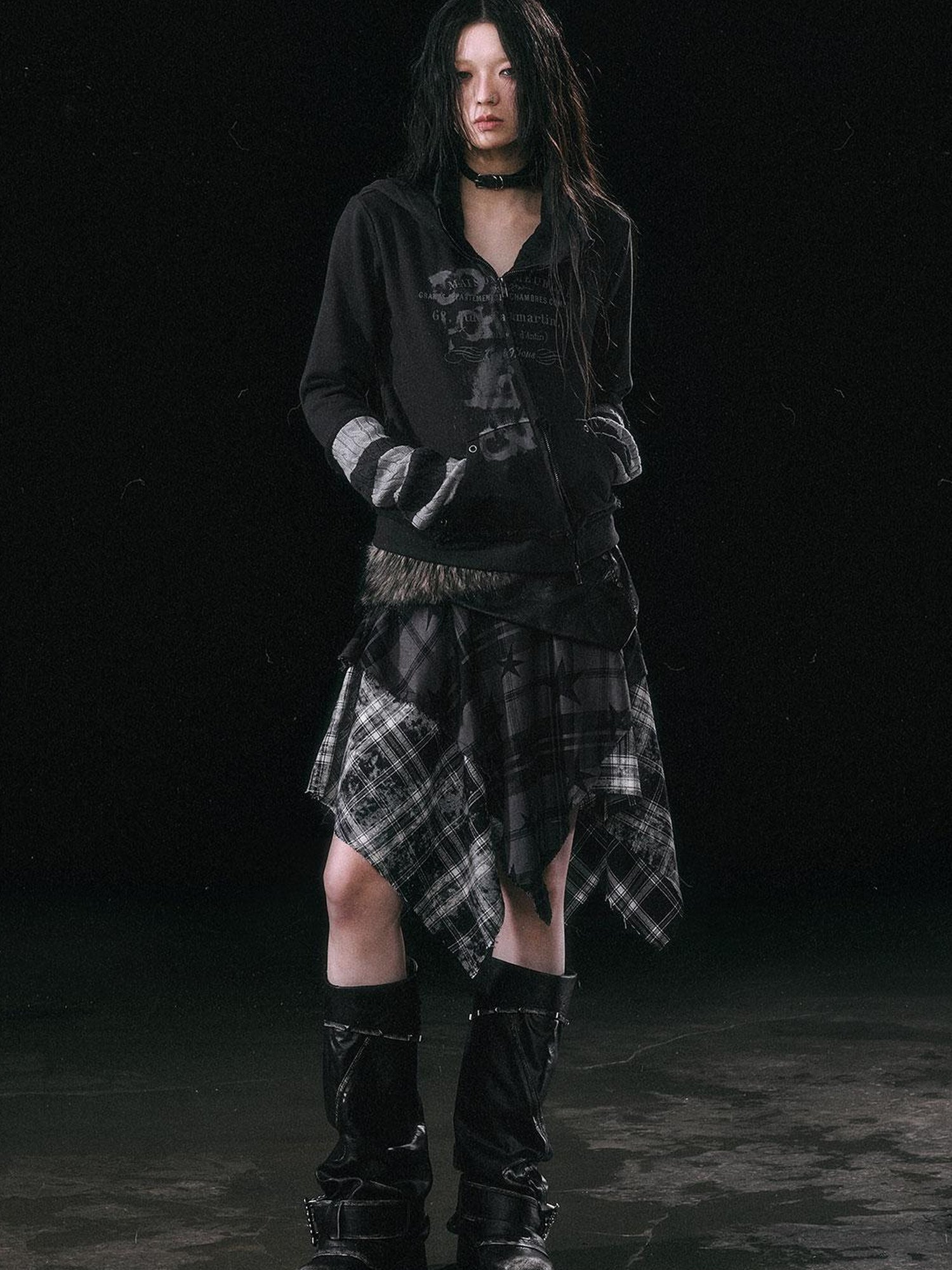 Update c Yanyu Escape Star Frayed Grid Asymmetrical Skirt