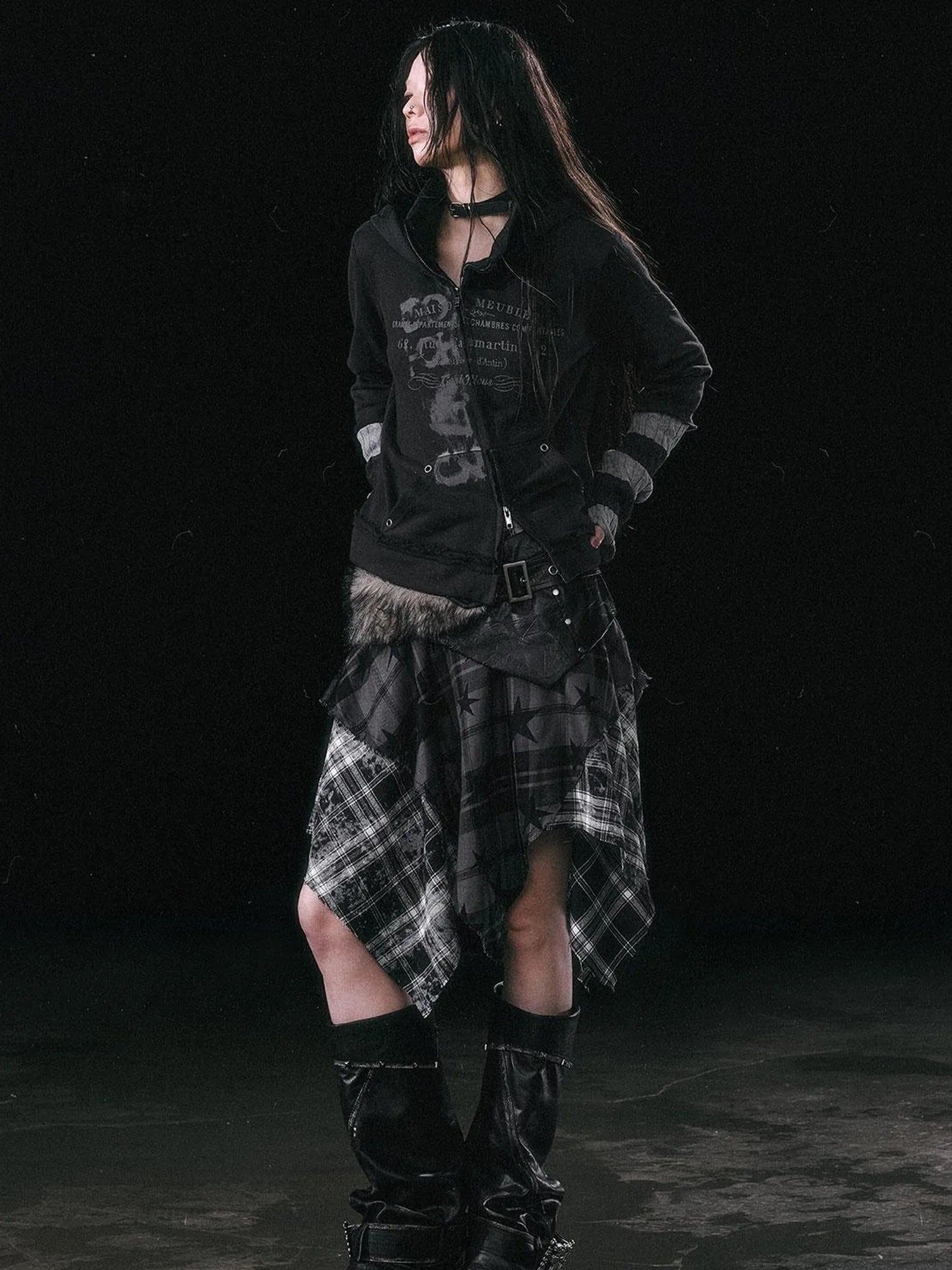 Yanyu Escape Star Frayed Grid Asymmetrical Skirt