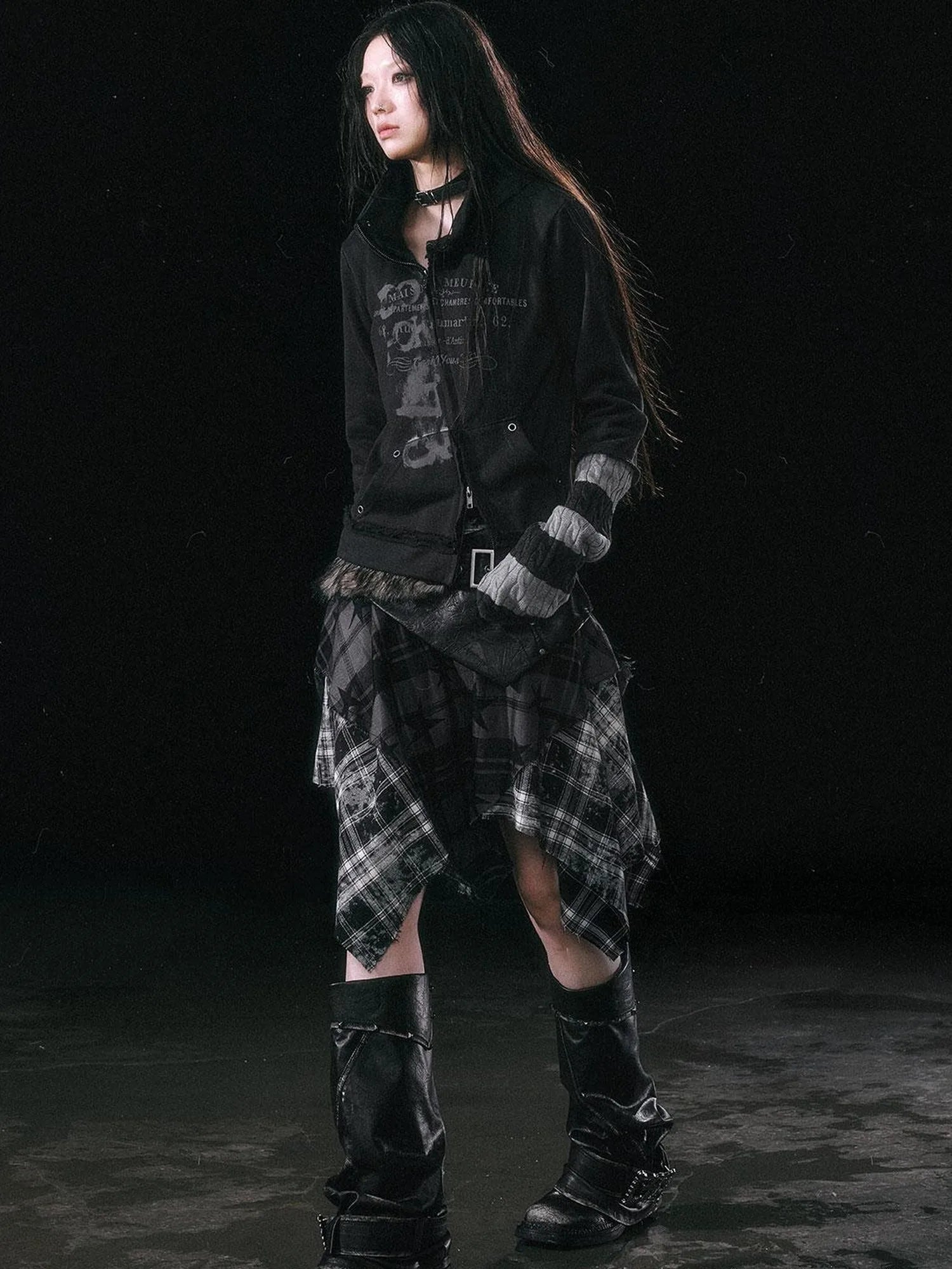 Yanyu Escape Star Frayed Grid Asymmetrical Skirt