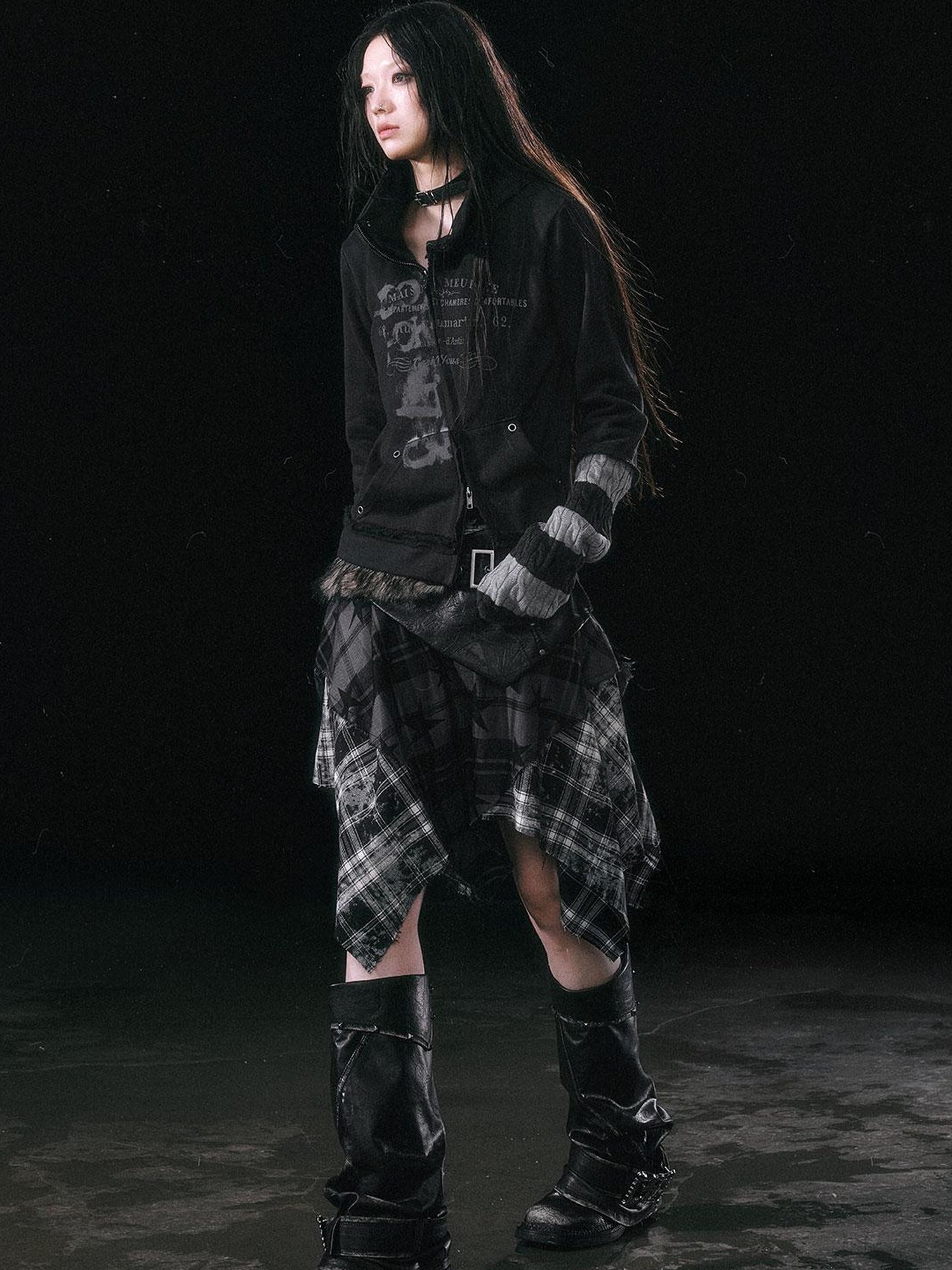 Update c Yanyu Escape Star Frayed Grid Asymmetrical Skirt