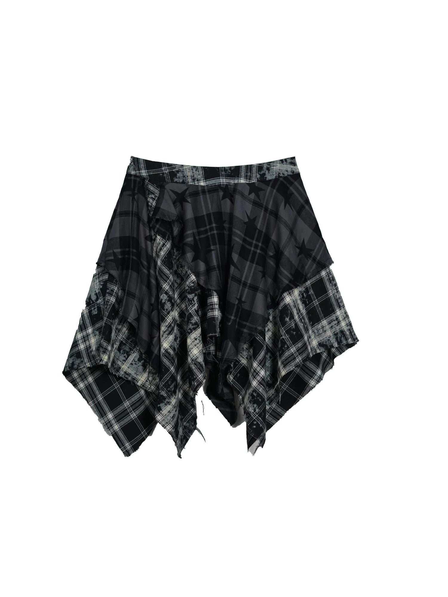Yanyu Escape Star Frayed Grid Asymmetrical Skirt
