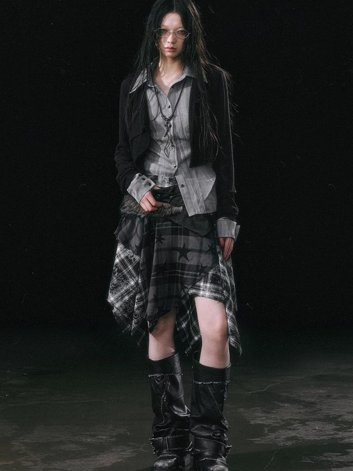 Update c Yanyu Escape Star Frayed Grid Asymmetrical Skirt