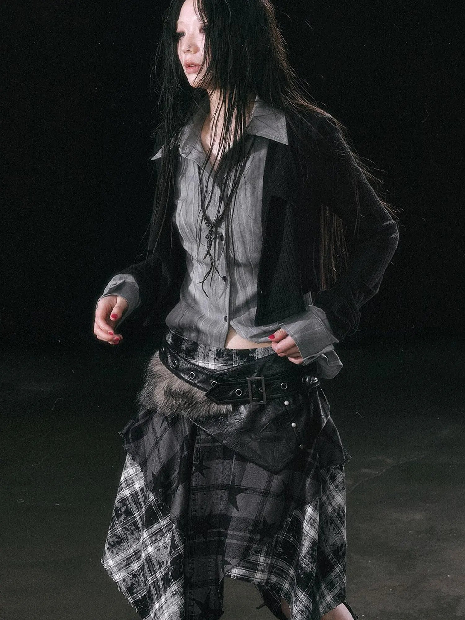 Yanyu Escape Star Frayed Grid Asymmetrical Skirt