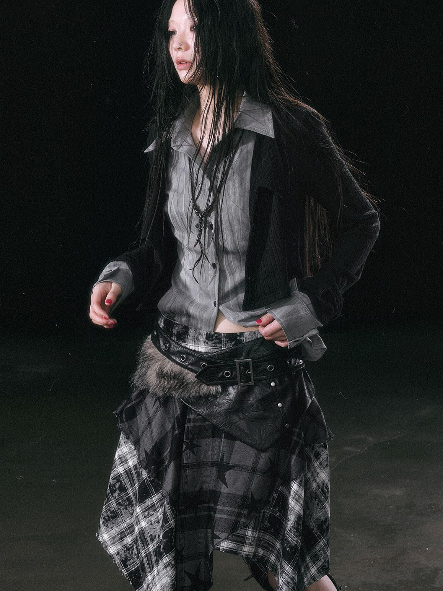 Update c Yanyu Escape Star Frayed Grid Asymmetrical Skirt