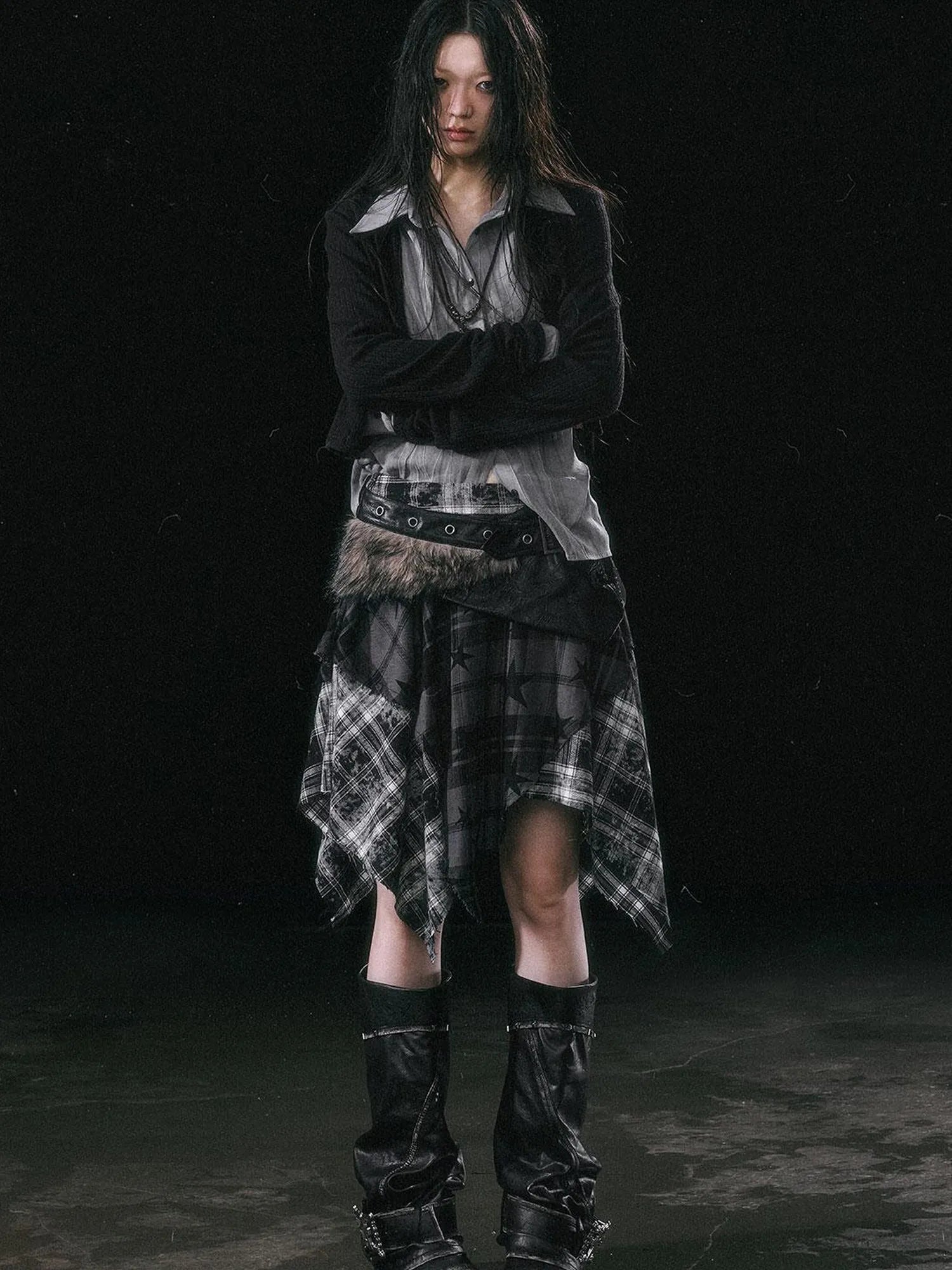 Yanyu Escape Star Frayed Grid Asymmetrical Skirt